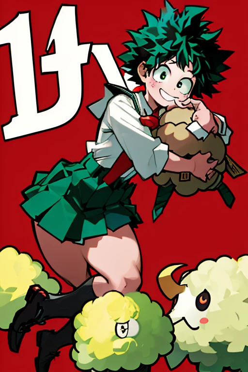 ((Masterpiece: 1.5, Best Quality, High Resolution: 1.3, Super Resolution, Super Detailed, Ultra Detailed: 1.3, Rich Background: 1.2)) (girl 1) pale skin + freckles on cheeks + green eyes + green curly hair + short hair + curvy body + medium breasts + wide hips + (black and red Japanese uniform, black t red seifuku uniform, brown school shoes, female version izuku midoriya) (hugging green sheep plush with a smile)