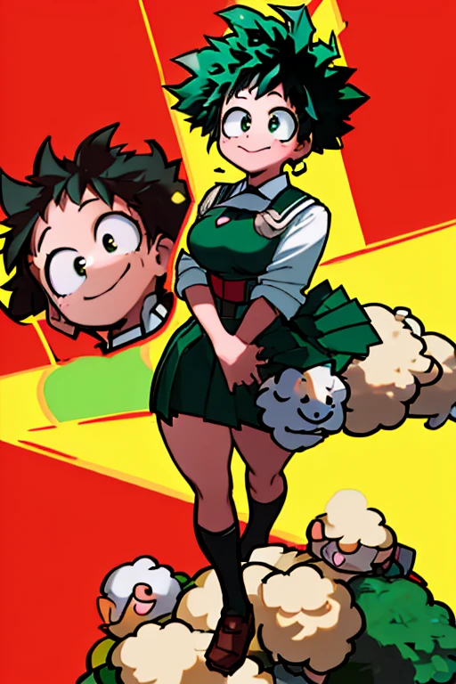 ((Masterpiece: 1.5, Best Quality, High Resolution: 1.3, Super Resolution, Super Detailed, Ultra Detailed: 1.3, Rich Background: 1.2)) (girl 1) pale skin + freckles on cheeks + green eyes + green curly hair + short hair + curvy body + medium breasts + wide hips + (black and red Japanese uniform, black t red seifuku uniform, brown school shoes, female version izuku midoriya) (hugging green sheep plush with a smile)