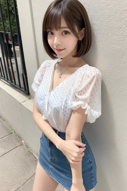 Innocent thin Japanese beautiful girl,High Teenager,detailed bodyline,thin beauty,lean body,Small,Smaller chest,big breasts thin waist,Full body shot,fully body photo,Standing,Rest your feet,Thick thighs,Thick calf,white sandals on feet,Bob cut hair,a little brown hair,elongated facial contour,a little bit smile,Looking at the camera,skinny cheeks,Round chin,Slender eyes,Beautiful eyes,Dark blue eyes,White blouses,See-through blouse,large polka dot short sleeve blouse,fluttering red miniskirt,Blue Wall