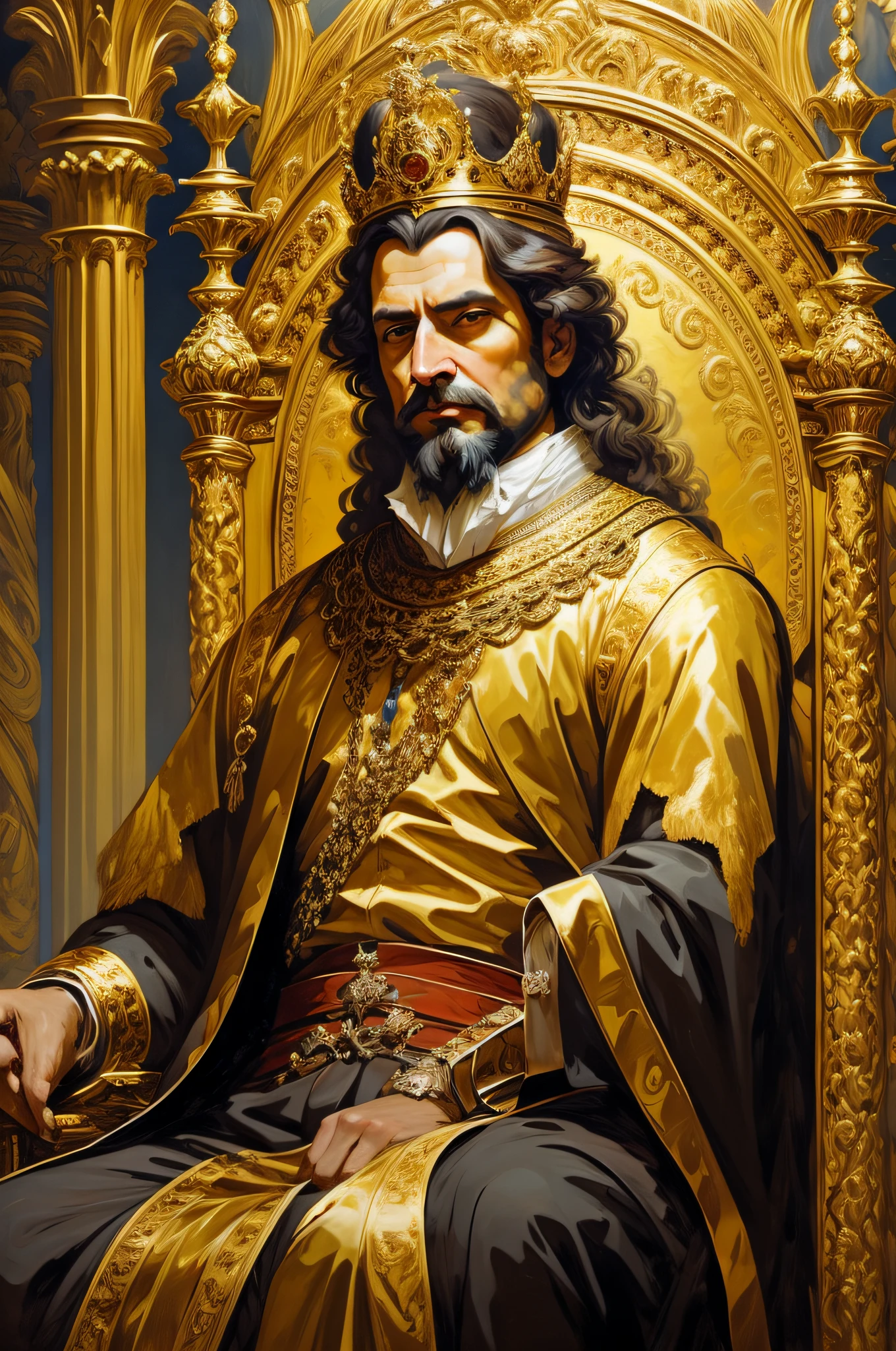 (oil painting,brushstrokes),(18th century),(rey, sitting on the throne),(detailed facial expression),Royal attire,royal furnishings,golden crown and scepter,Historical setting,soft-lighting,Rich color palette,Luxurious textures,PORTRAIT STYLE,Classical art