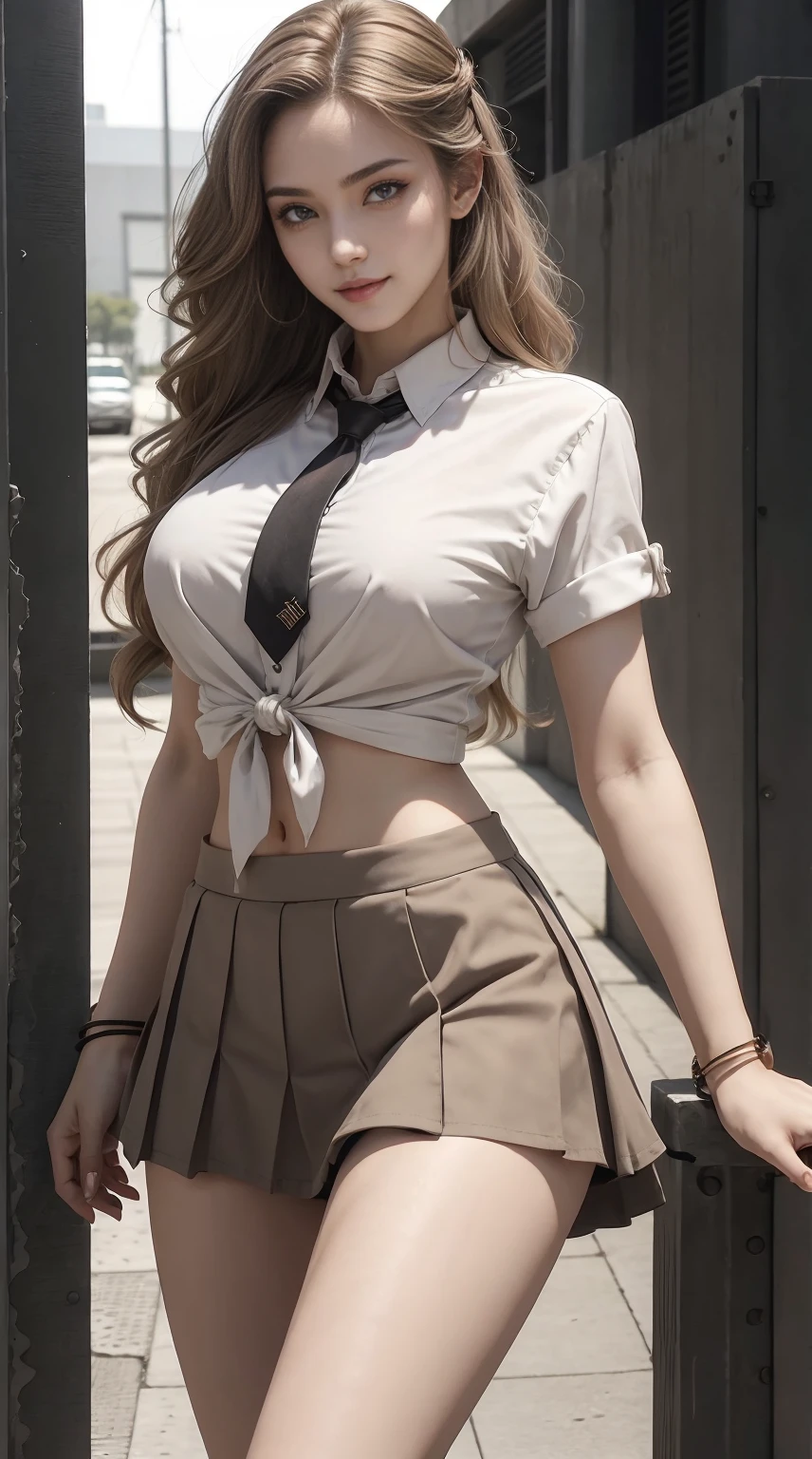 a 25yo woman、Hair color is a gradient color、eye color is brown、Semi-long、hair is wavy、I'm wearing eyeshadow and lipstick、wearing a hair band、accessories on wrist、Slender but well-proportioned muscular body、The navel is visible、wearing a certain tie-front shirt、Chest Pochi、She's wearing a low-rise mini pleated skirt.、I'm in a maze surrounded by concrete walls、a smile、Looking at the camera、Breast size