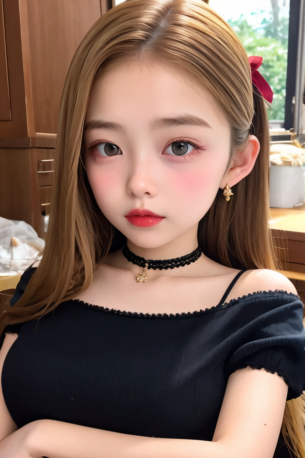 one girls:1.5、Cute 、Japanese、14 years ir、parfect anatomy、Red Eye Shadow、red lipsticks、slightly pink cheeks、de pele branca、ash blonde、Black Dress、Eight-headed body、small tits、Unique hairstyle、a choker、top-quality、ultra-detailliert、High quality detailing、portlate、masterpies
