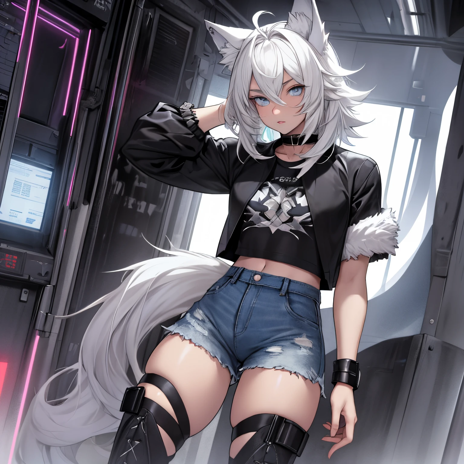 Single boy, Anime Femboy, Short, Long white hair, wolf ears, wolf tail, blue eyes, wearing short denim shorts, thigh high fishnets, black combat boots, wearing fur lined open jacket, flat chest, super flat chest, wearing cropped t-shirt, solo femboy, only one femboy ((FLAT CHEST)) solo, alone, (SOLO)(ALONE) thicc thighs, wide hips, blue eyes, perfect eyes, perfect face, pouty lips, happy