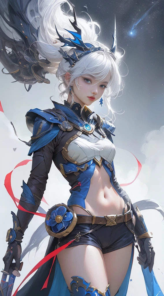 Best AI Image Generation Creator、1 beautiful girl、large round eyes、Solo、On the thighs、Realistic,Lips,masutepiece,Best Quality,Good anatomy,Skin Texture、planets in the background、Smaller chest、white hair、robe blanche、Fantasy Art Style, palatial palace 、 Azure. detailed hairs, beautiful fantasy art portrait, 4K highly detailed digital art, beautiful fantasy queen, The artwork, ((beautiful fantasy queen)), 8k high quality detailed art, Beautiful Anime Portrait、Interdimensional space、side lights