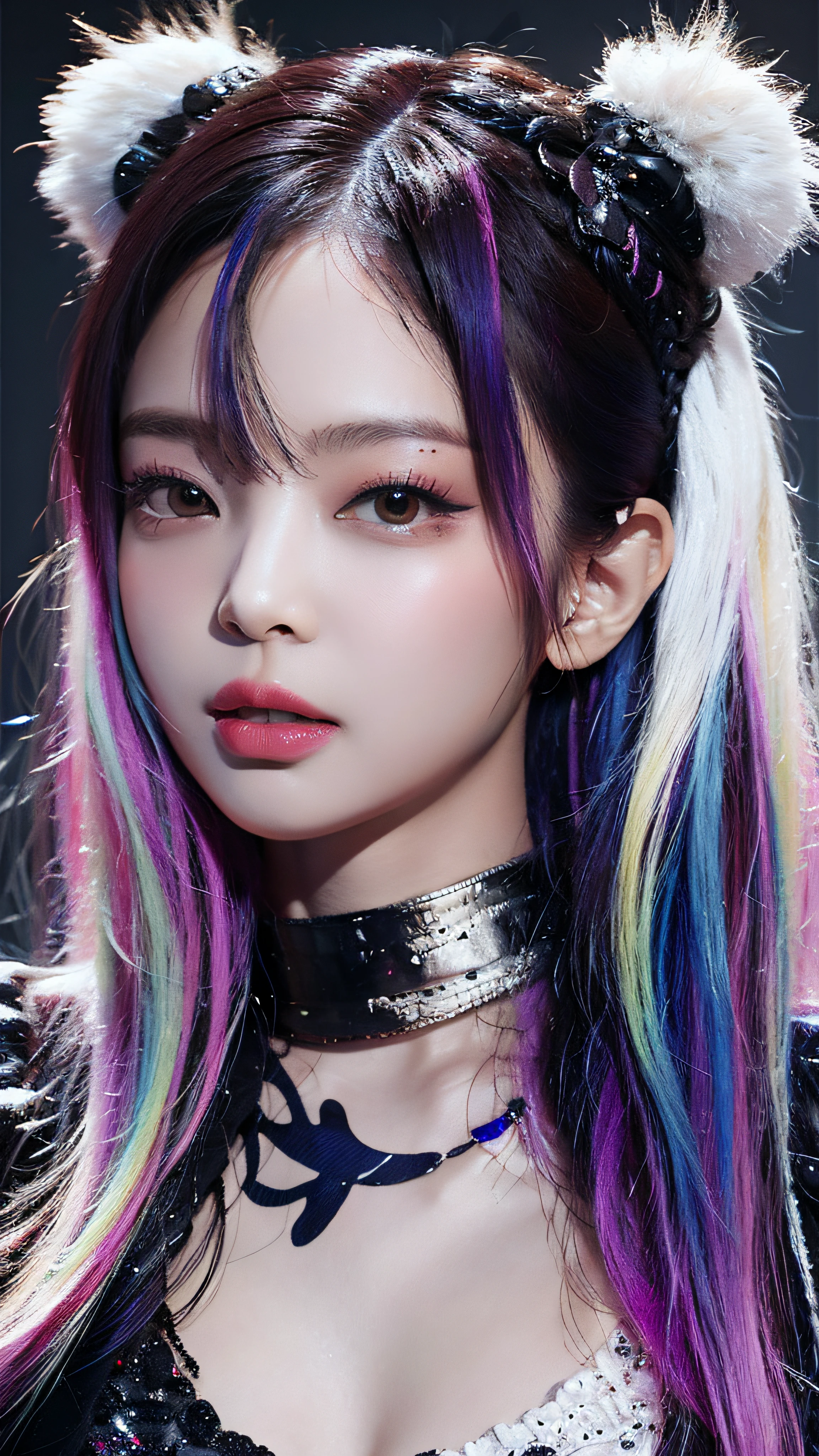 (Masterpiece, Best Quality, High Resolution), White Background, ((Paint Splash, Color Splash, Splash of Ink, Color Splash)), Sweet Chinese Girl, Rainbow Hair, Pink Lips, Front, Upper Body, Jennie Kim,