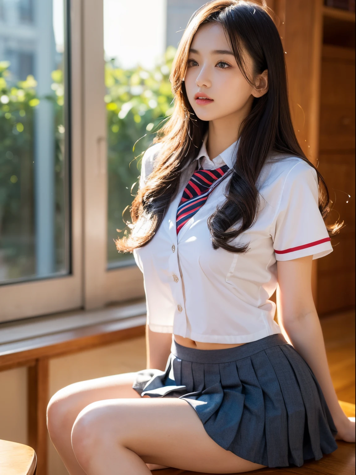 (1girl in), Brown hair, Amazing face and eyes, Pink eyes, (High school uniform with wide open chest:1.4), Beautiful big breasts, bared  chest, (amazingly beautiful girl), Brown hair, (High School Uniform, Pleated mini-skirt:1.5), ((Best Quality)), (Ultra-detailed), (extremely detailed CG unified 8k wallpaper), Highly detailed, High-definition raw color photos, Professional Photography, Sitting, ((Please spread your legoke))), depth of fields, (View from below:1.2),