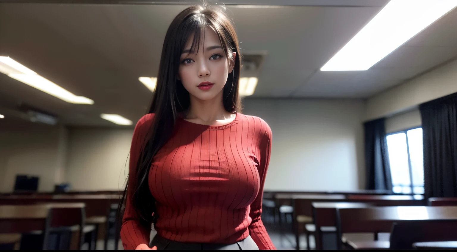 masterpiece, perfect lighting, (beautiful, best quality:1.erfect eyes, absurdres, 8k, 1girl, solo, (absurdreinely detail, long hair, saori_ohtori, black hair, , red eyes, smile, hair between eyes, large breasts, long legs, skinny, (lipstick:1.1), :d, (red ribbed sweater:1.1), black shirt, pantyhose, ((upper body)), realistic, red clothes