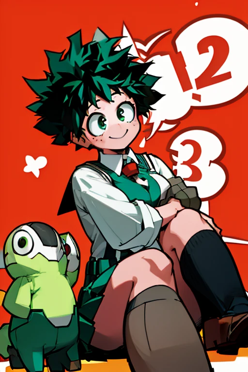 ((Masterpiece: 1.5, Best Quality, High Resolution: 1.3, Super Resolution, Super Detailed, Ultra Detailed: 1.3, Rich Background: 1.2)) (girl 1) pale skin + freckles on cheeks + green eyes + green curly hair + short hair + curvy body + medium breasts + wide hips + (black and red Japanese seifuku uniform, brown school shoes, female version izuku midoriya) (hugging green sheep plush with a smile)