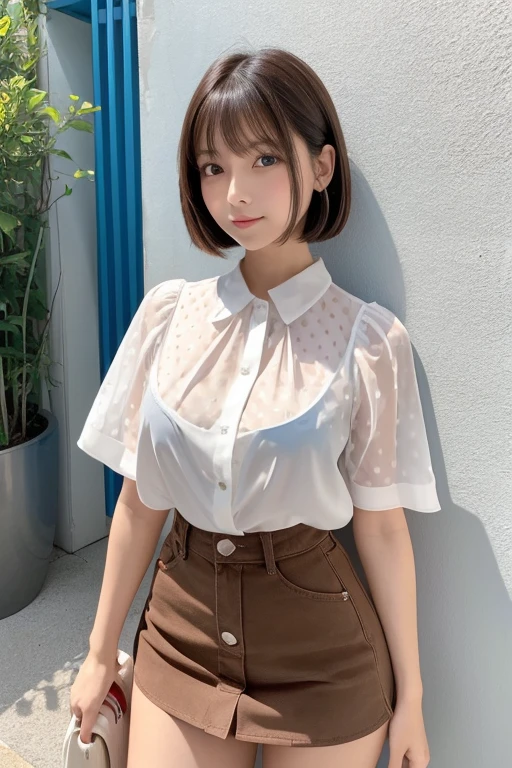 Innocent thin Japanese beautiful girl,High Teenager,detailed bodyline,thin beauty,lean body,Small,Smaller chest,big breasts thin waist,Full body shot,fully body photo,Shot straight ahead,Looking at the camera,Standing,Rest your feet,Thick thighs,Thick calf,white sandals on feet,Bob cut hair,a little brown hair,elongated facial contour,a little bit smile,Looking at the camera,skinny cheeks,Round chin,Slender eyes,Beautiful eyes,Dark blue eyes,White blouses,See-through blouse,large polka dot short sleeve blouse,fluttering red miniskirt,Blue Wall