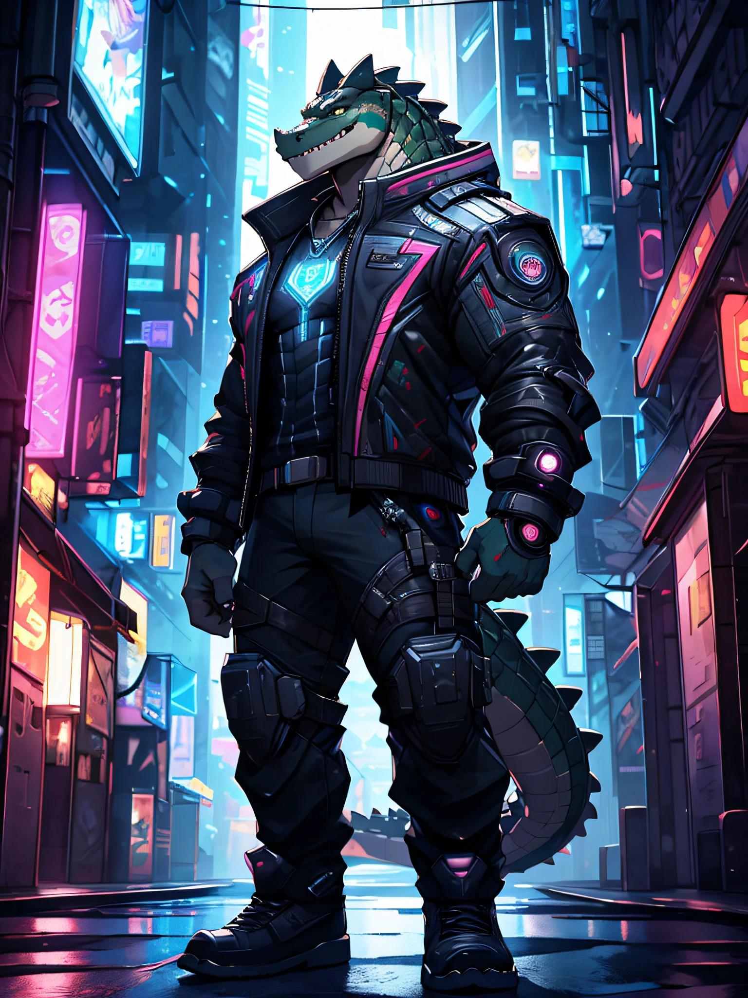 Furry,solo,crocodile,masculine,Muscular,Smile at the corners of your mouth.,Handsome face,Cyberpunk style clothing,standing in the future city,At night,High resolution images,Dynamic lighting,Realistic lighting,HDR,8K,big penis exposed, erect penis, penis, details