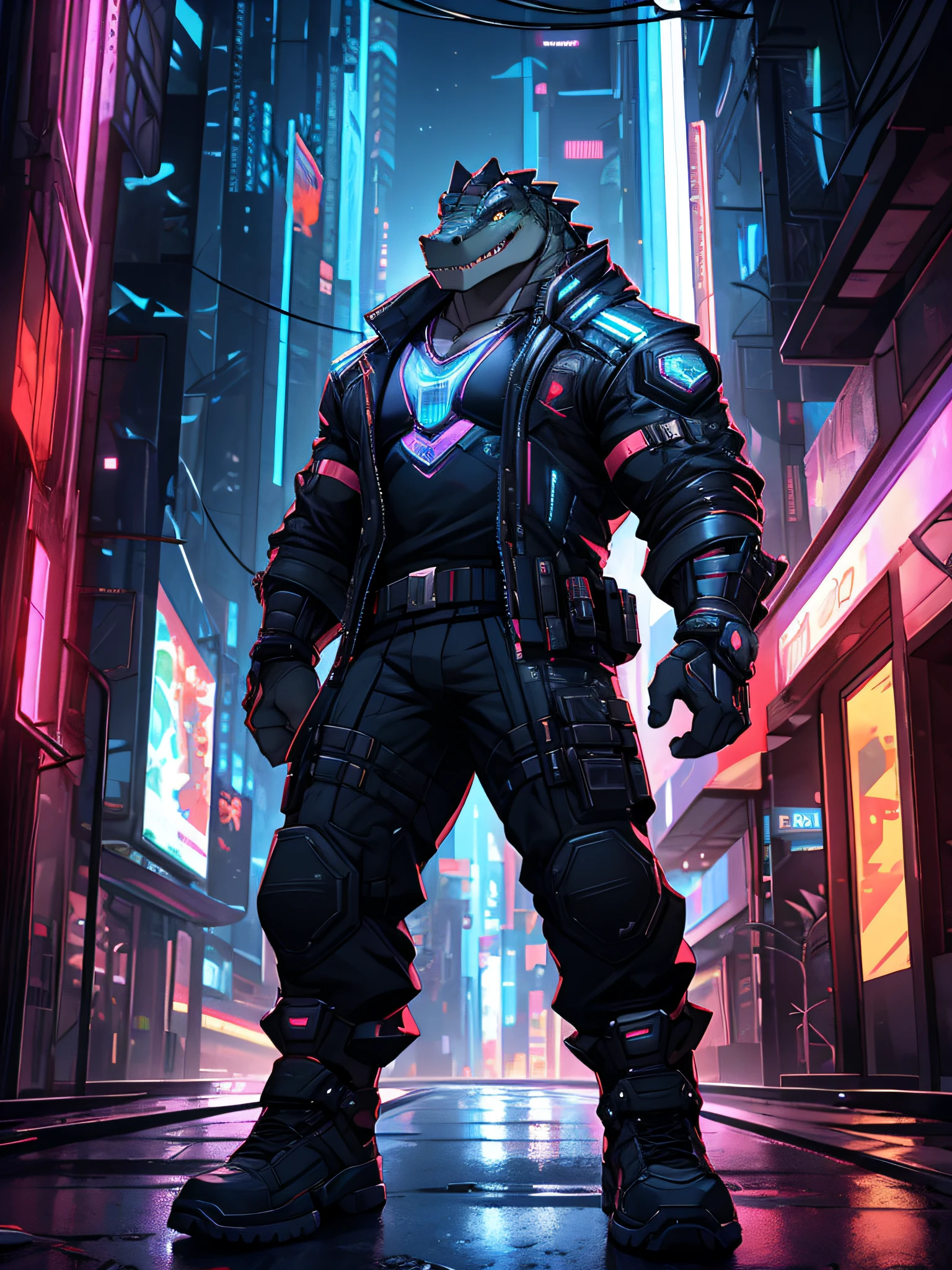 furry,bara,crocodile,masculine,muscular,smile at the corner of your mouth.,handsome face,Cyberpunk style clothing,standing in the future city,at night,High resolution images,Dynamic lighting,Realistic lighting,HDR,10