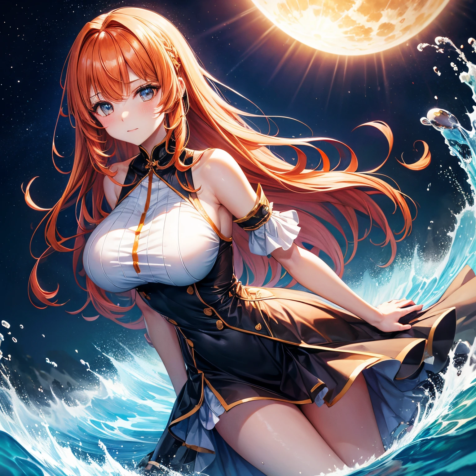 (tmasterpiece, Best quality at best), ((1个Giant Breast Girl, Alone, long whitr hair)), ishmael_limbus, An innocent expression, of arms, of shoulders, of the neck, aquarelle, sun skirt, liquid clothes, Eau, wave, water skirt, blue_The subject, the night, thin fog, Dark, Focus sharp, Mare, shift dresses, orange color hair