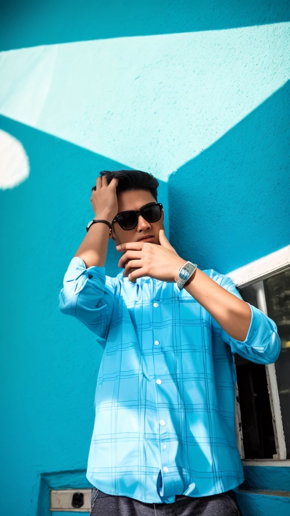 there is a man that is standing in front of a blue wall, casual photography, edited in photoshop, mohamed chahin style, taken with sony alpha 9, shot with iphone 1 0, photo style of shawn paul tan, !!! colored photography, with sunglass, in style of kar wai wong, profile shot, with a cool pose, colorful photo