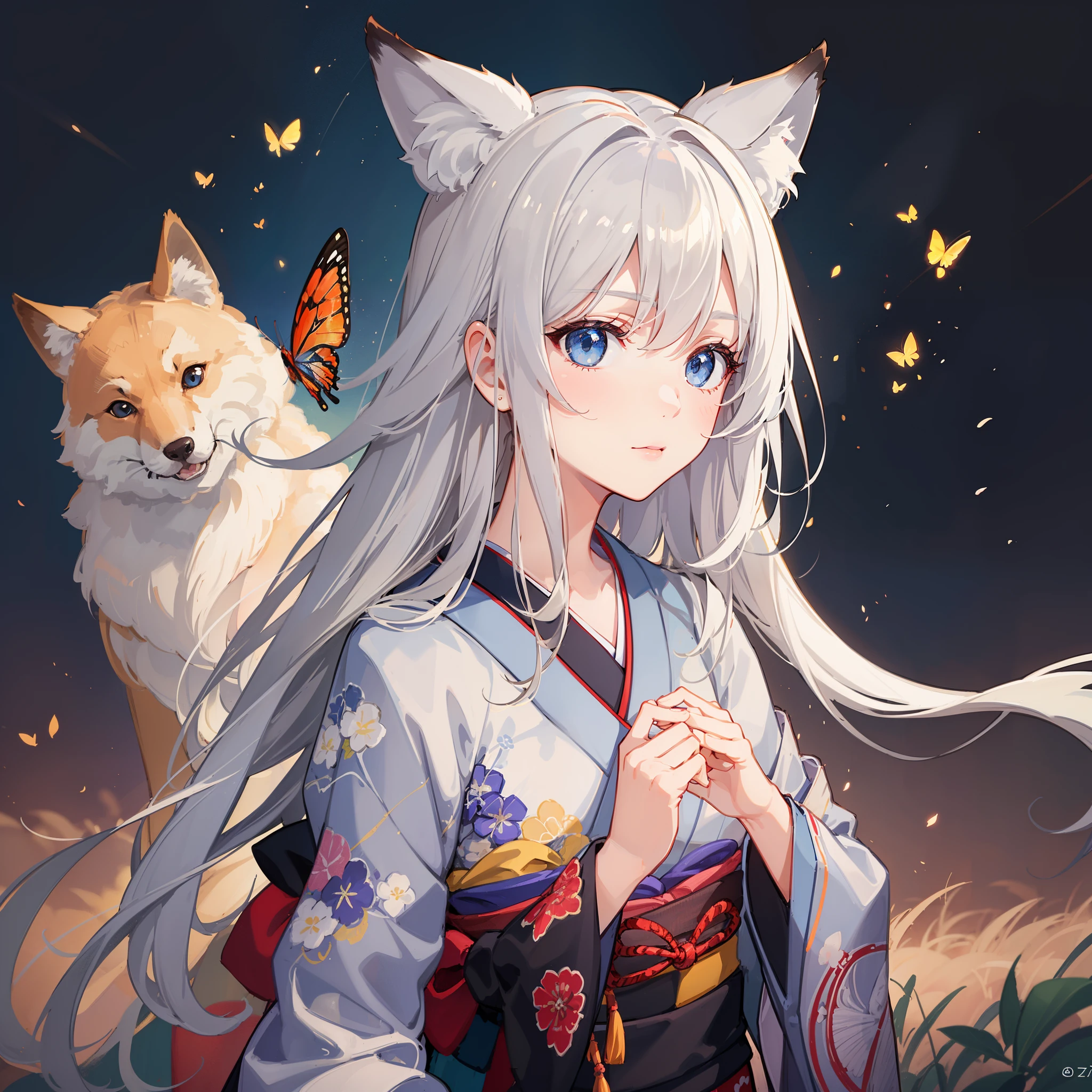 (highly detailed CG unity 16k wallpaper:1.1), (noise reduction strength:1.45), (t masterpiece:1.37), original, (very fine and beautiful), (perfect details), (unity CG 8k wallpaper:1.05), (beautiful crisp background:1.25), (one pretty girl (2 fox ears:0.9) with (fox tail on back:1.2) standing by the river:1.15). (pretty type:1.3), (detailed beautiful eyes:1.retty face:1.3), silver hair, silver ears, (pink hair:0.7), (pink ears:0.7), long hair, (Japanese Kimono:1.25), (wind blown hair:1.1), (blue eyes:1.1), ( Small Girl:1.1), Fluttering Butterfly, (Moonlight:0.6), Tree, (Summer-oriented), (Nighttime:1.2), (Gloves:0.8), Solo, (Illustrative), (Depth of Field:0.7), (Close-up :0.35), God Rays, Spark, Glowing Light, (Mastepiece) Translated with .DeepL.com/Translator (free version) - --auto --s2