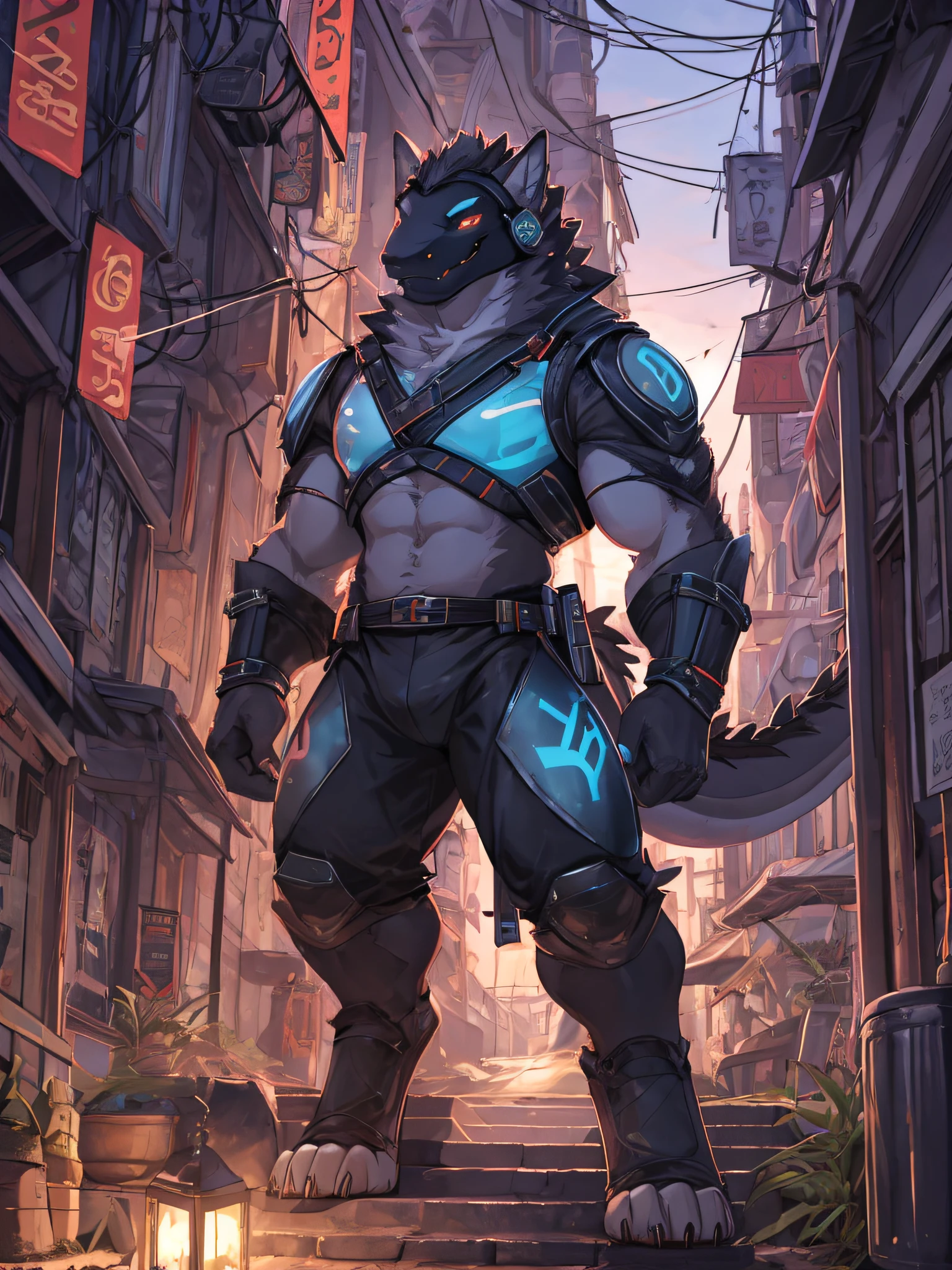 furry,bara,crocodile,masculine,muscular,smile at the corner of your mouth.,handsome face,Cyberpunk style clothing,standing in the future city,at night,High resolution images,Dynamic lighting,Realistic lighting,HDR,10