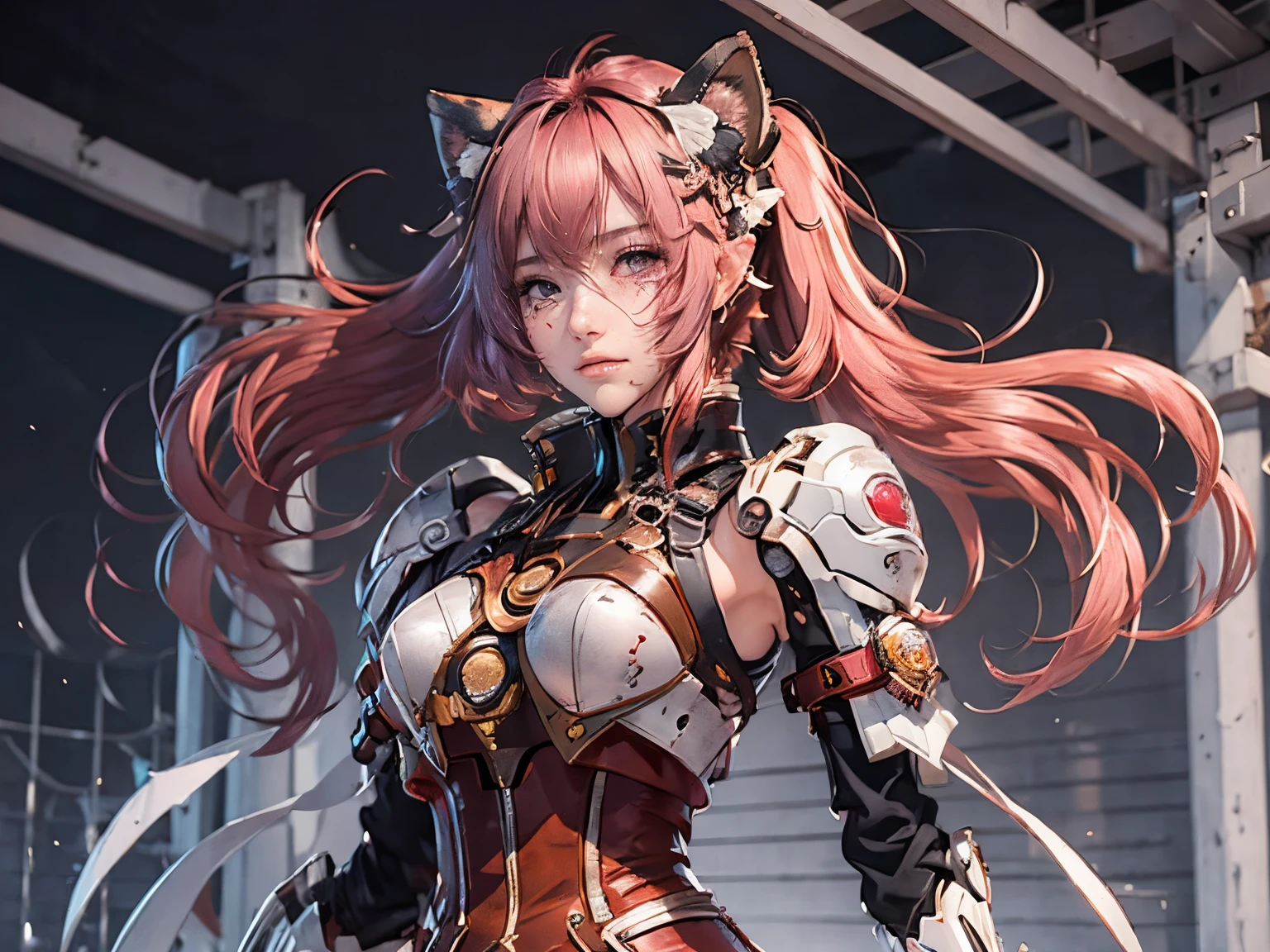 empty hand, ,( cry), a character portrait, fantasy art, (cyberpunk), (a dancer with fox ears and fox tails) ,, natural lighting, masterpiece, 1 beautiful girl, Detailed eye, Swollen eyes, top-quality, A high resolution, an Asian beauty, very extremely beautiful, Beautiful skins, A slender, Forward-facing body, (A hyper-realistic), (high resolution), (4K), (highly detailed),( Best Illustration), (beautifully detailed eyes), (ultra-detailed), 详细的脸, Bright lighting, Professional Lighting, distance view, (lantern), ((samurai)),((long hair)),((cry)),((colorful hair)),((red color splash)),1girll, short twintails, Colorful hair, flying,pink bows,((-yeld fee model)), Blood droplets,( Stand Neck long sleeve black jacket), a samurai mecha, scarlet dress, (aquarium), looking at view, front view, ((pistol))