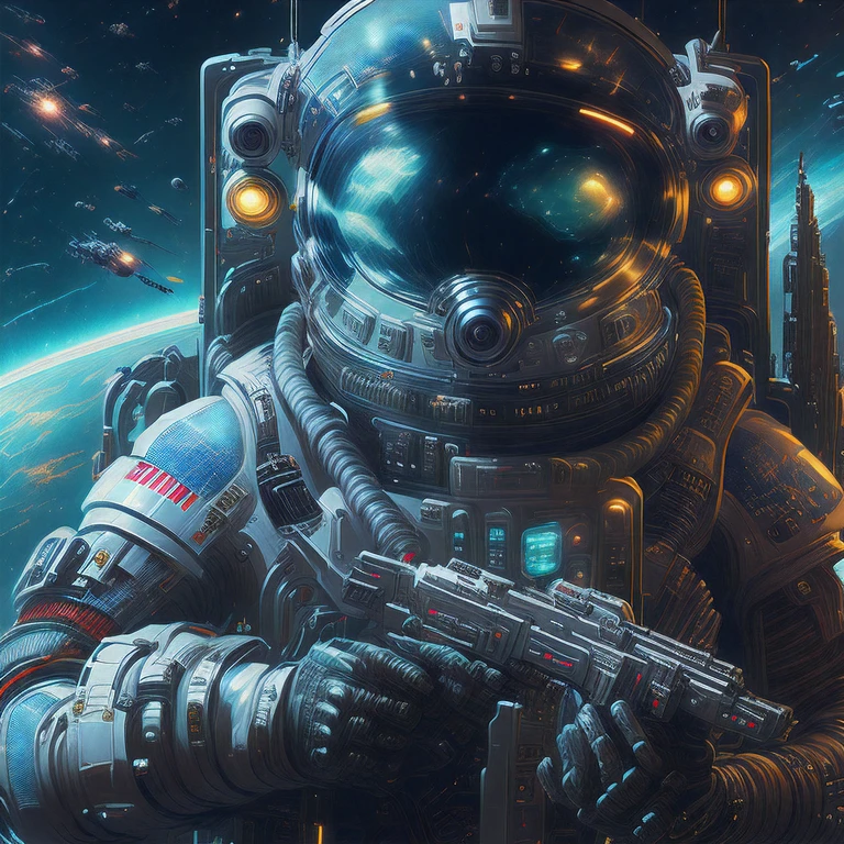 Close-up of person in space suit with gun.., space pirate, Electric cyberpunk astronaut, Sci-fi space game art, Wojtek FUS, Astronauts of the future, Detailed sci-fi art, sci-fi illustrations, sci-fi illustrations, Epic Sci-Fi Character Art, Epic Sci-Fi Character Art, Greg Beeple, Sci-fi digital art illustration