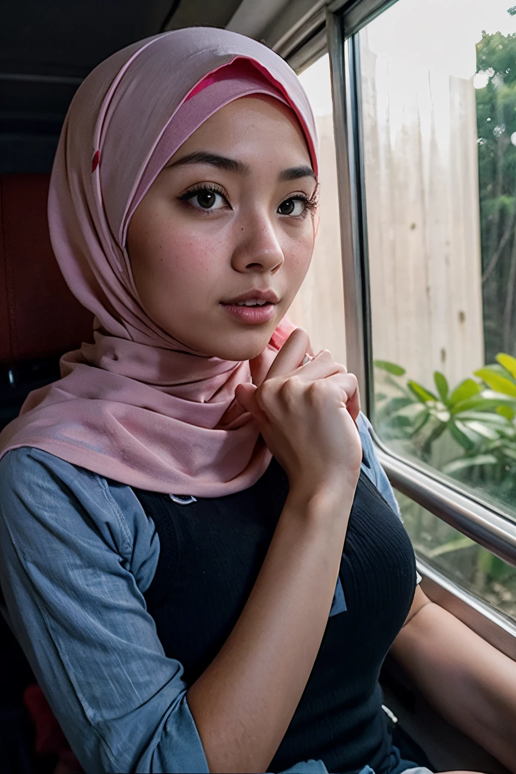 Photograph a Malay girl in hijab as she navigates the jungle, confidently commuting to work or school, showcasing her modern lifestyle in the heart of the city, 35mm lens, Extreme close-up, pastel color grading, depth of field cinematography effect, film noir genre, 8k resolution, high quality, ultra detail,