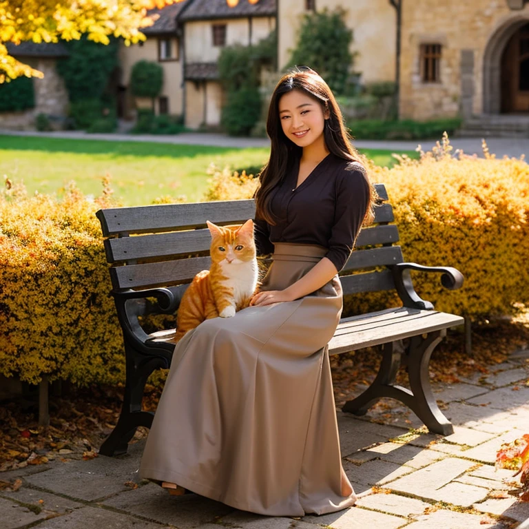 A cute and gentle Asian beauty is wearing a long skirt.、Sitting on a bench。holding an orange cat on his lap。The background is a medieval European country town in autumn.。