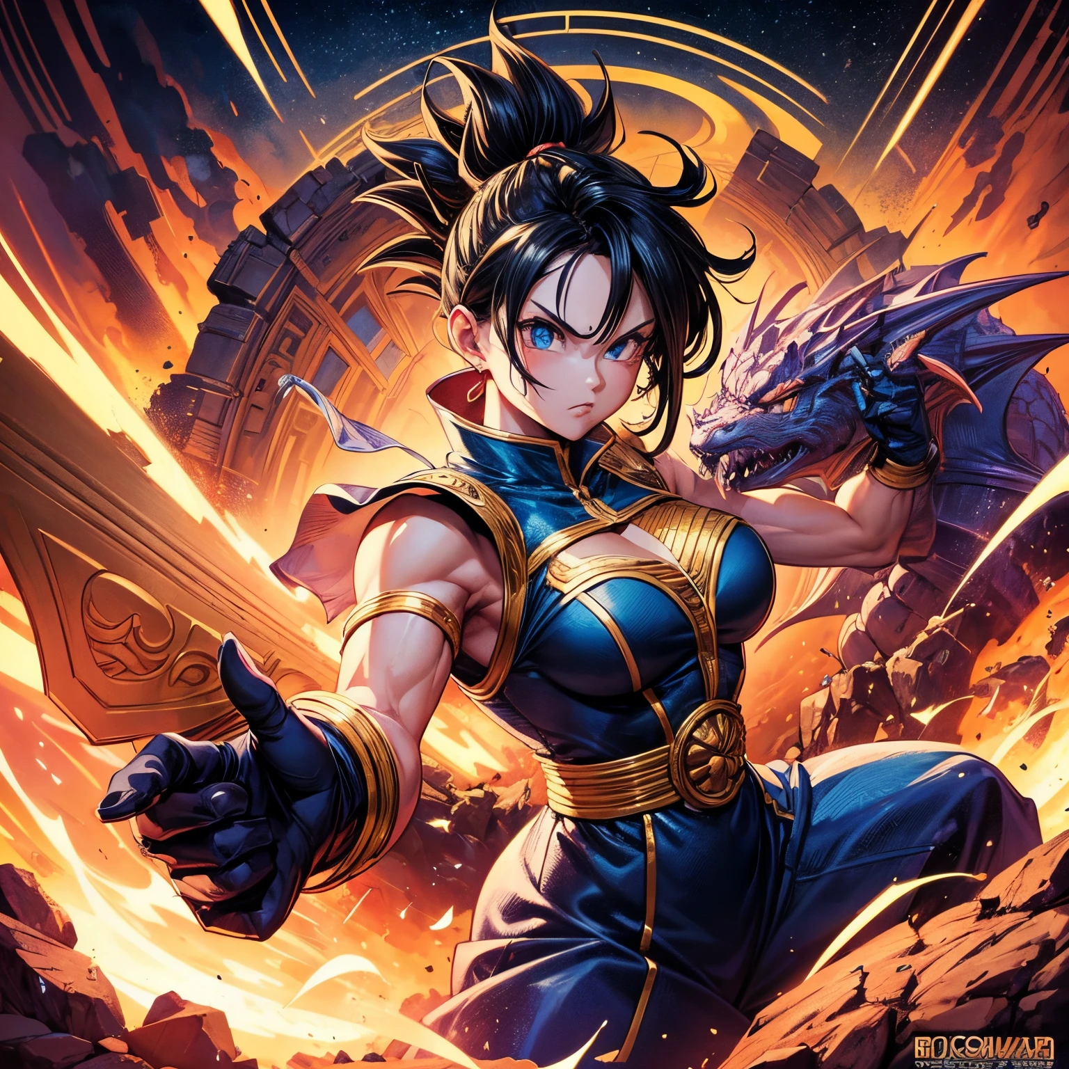 (comic cover:), Pen drawing style, HD8K, Rich plot, intricate background, Rich character details, Dragon Ball image, high level perspective, Neon night view, rich atmosphere, Midday in summer, Strong sense of three-dimensionality, Vivid character expressions, Vivid character modeling, Perfect scene detail, The overall style is strong and energetic.