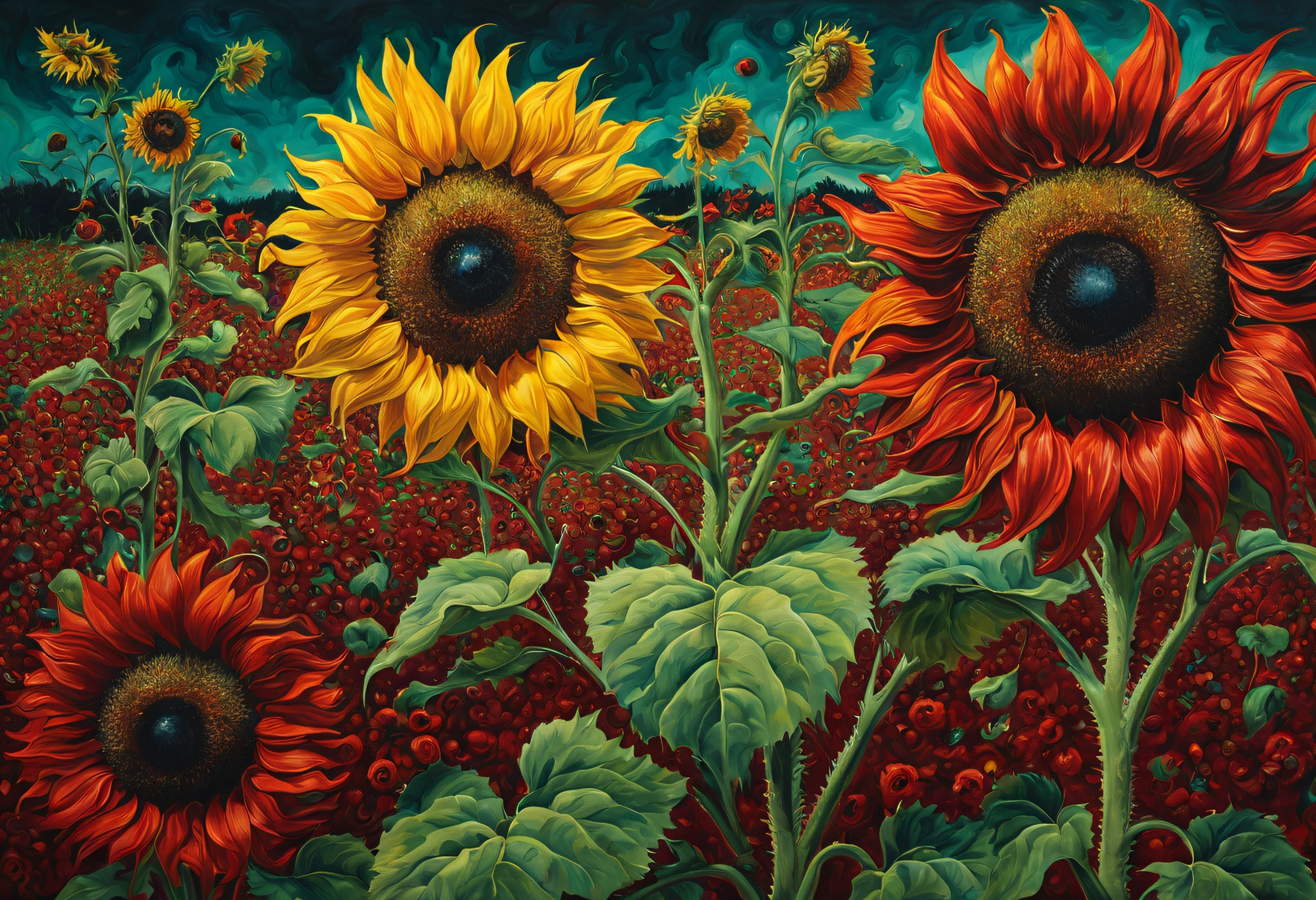 ultra-realistic realism, gothic art, classicism, The light from the back window is backlighted, fish eye, hyper HD, tmasterpiece, acurate, high detal, high qulity, Award-Awarded, Best quality at best, A high resolution, 16k, (Sunflower painting by French painter Sachéfinade of nature),sunflower center like injured eye,Among the dense flowers and leaves,It seems like there are countless pairs of eyes staring at you,(insect-like plants),like eyes,oda'It's kind of scary,The pattern repeats,Asymmetrical,extremely nervous,After watching it for a long time, i feel depressed, style,The color is very intense,(Strange seems to be moving),Paintings in original colors of Sahofen,Use the most original materials,As if built from his own soul and body,The red color in the painting is made from pigment mixed with pig blood,Green is the juice of ripe berries,Add bread crumbs occasionally as a garnish,oil painted,down view,partial reflection,
