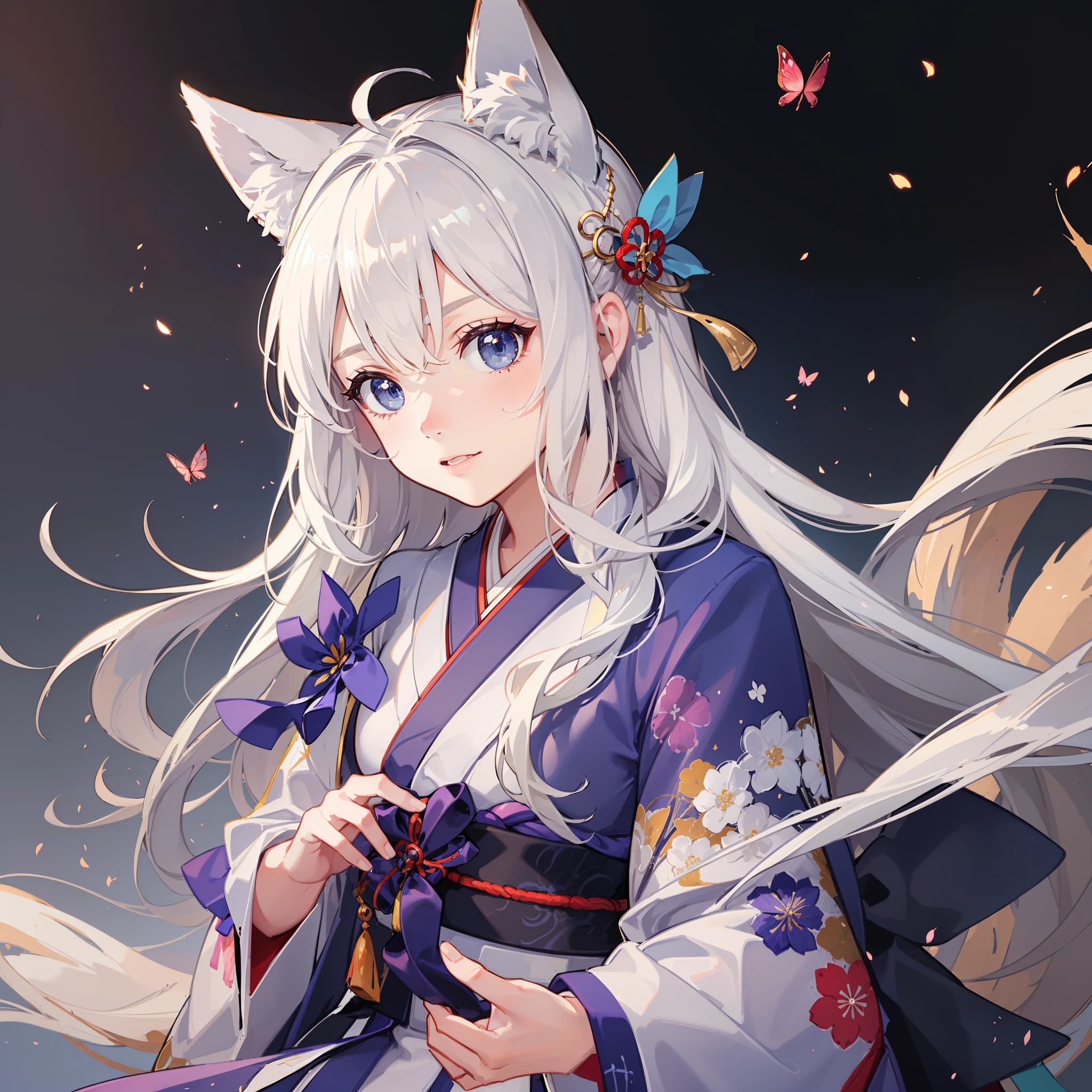(highly detailed CG unity 16k wallpaper:1.1), (noise reduction strength:1.45), (t masterpiece:1.37), original, (very fine and beautiful), (perfect details), (unity CG 8k wallpaper:1.05), (beautiful crisp background:1.25), (one pretty girl (2 fox ears:0.9) with (fox tail on back:1.2) standing by the river:1.15). (pretty type:1.3), (detailed beautiful eyes:1.retty face:1.3), silver hair, silver ears, (pink hair:0.7), (pink ears:0.7), long hair, (Japanese Kimono:1.25), (wind blown hair:1.1), (blue eyes:1.1), ( Small Girl:1.1), Fluttering Butterfly, (Moonlight:0.6), Tree, (Summer-oriented), (Nighttime:1.2), (Gloves:0.8), Solo, (Illustrative), (Depth of Field:0.7), (Close-up :0.35), God Rays, Spark, Glowing Light, (Mastepiece) Translated with .DeepL.com/Translator (free version) - --auto --s2