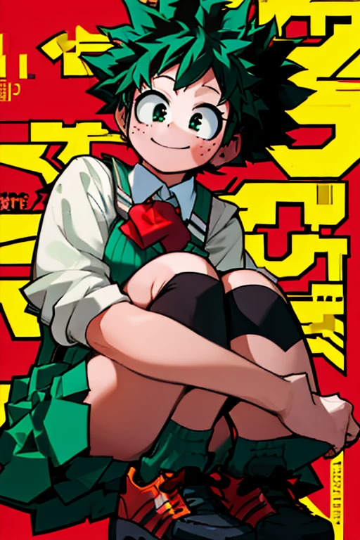 ((Masterpiece: 1.5, Best Quality, High Resolution: 1.3, Super Resolution, Super Detailed, Ultra Detailed: 1.3, Rich Background: 1.2)) (girl 1) pale skin + freckles on cheeks + green eyes + green curly hair + long hair + curvy body + medium breasts + wide hips + (black and red Japanese seifuku uniform, brown school shoes, female version izuku midoriya) (hugging sheep plush with a smile)