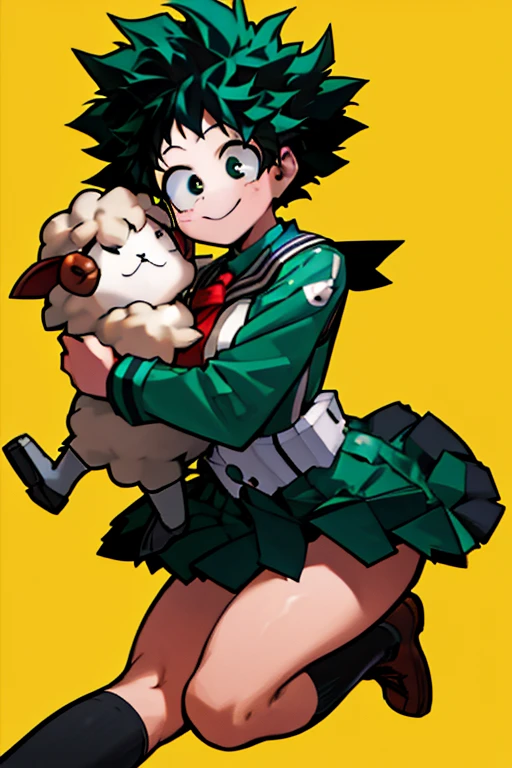 ((Masterpiece: 1.5, Best Quality, High Resolution: 1.3, Super Resolution, Super Detailed, Ultra Detailed: 1.3, Rich Background: 1.2)) (girl 1) pale skin + freckles on cheeks + green eyes + green curly hair + long hair + curvy body + medium breasts + wide hips + (black and red Japanese seifuku uniform, brown school shoes, female version izuku midoriya) (hugging sheep plush with a smile)