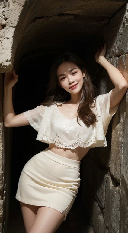 (masterpiece, top quality, best quality, beautiful and aesthetic:1.2), (1female), confident smile, extreme detailed, Wearing a short skirt,(looking at viewer:1.3), in an ancient tomb,highest detailed, elegant, graceful, stunning