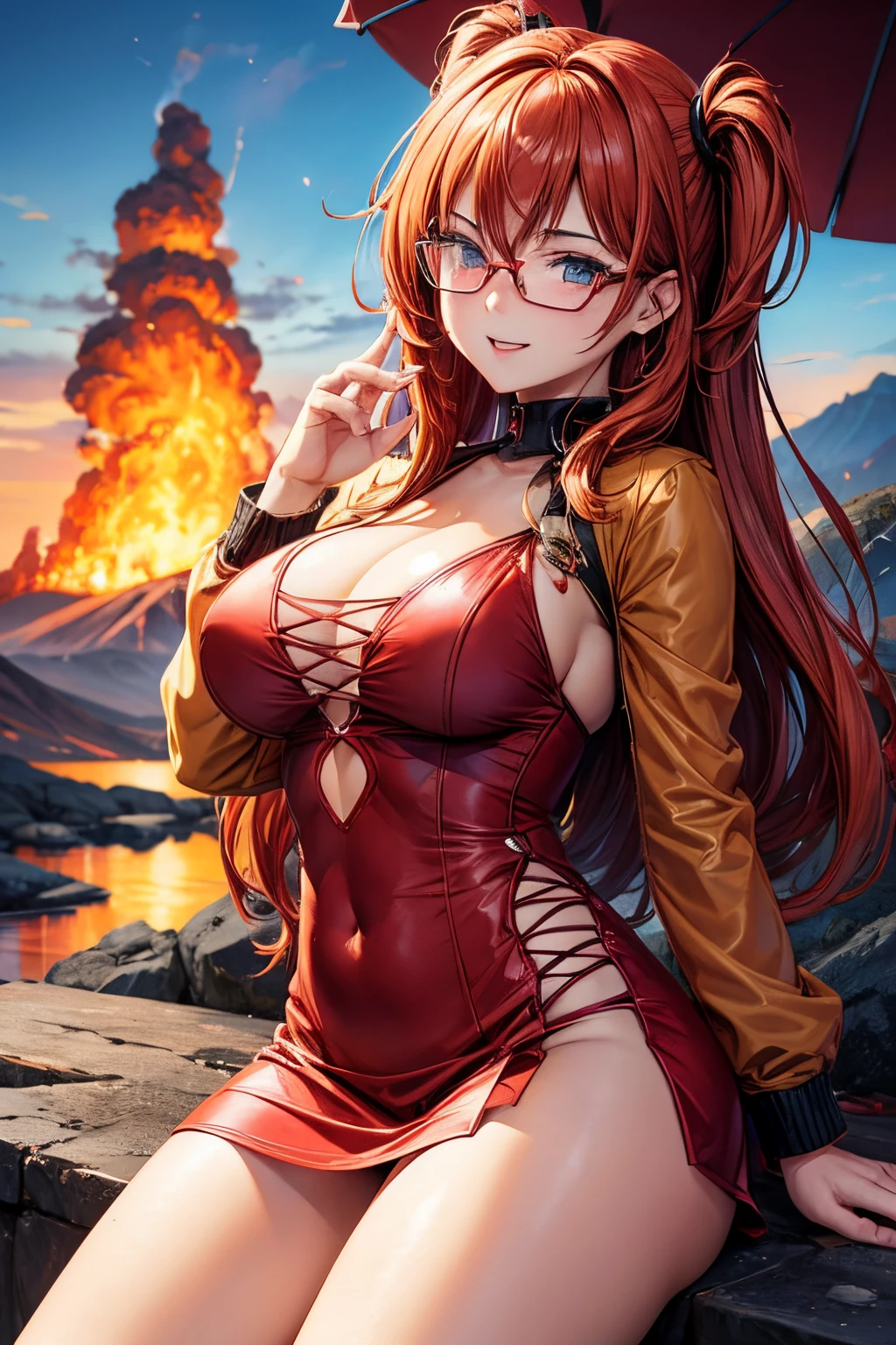 hot fiery sexy anime girl with glasses lusty volcano background fuckgirl