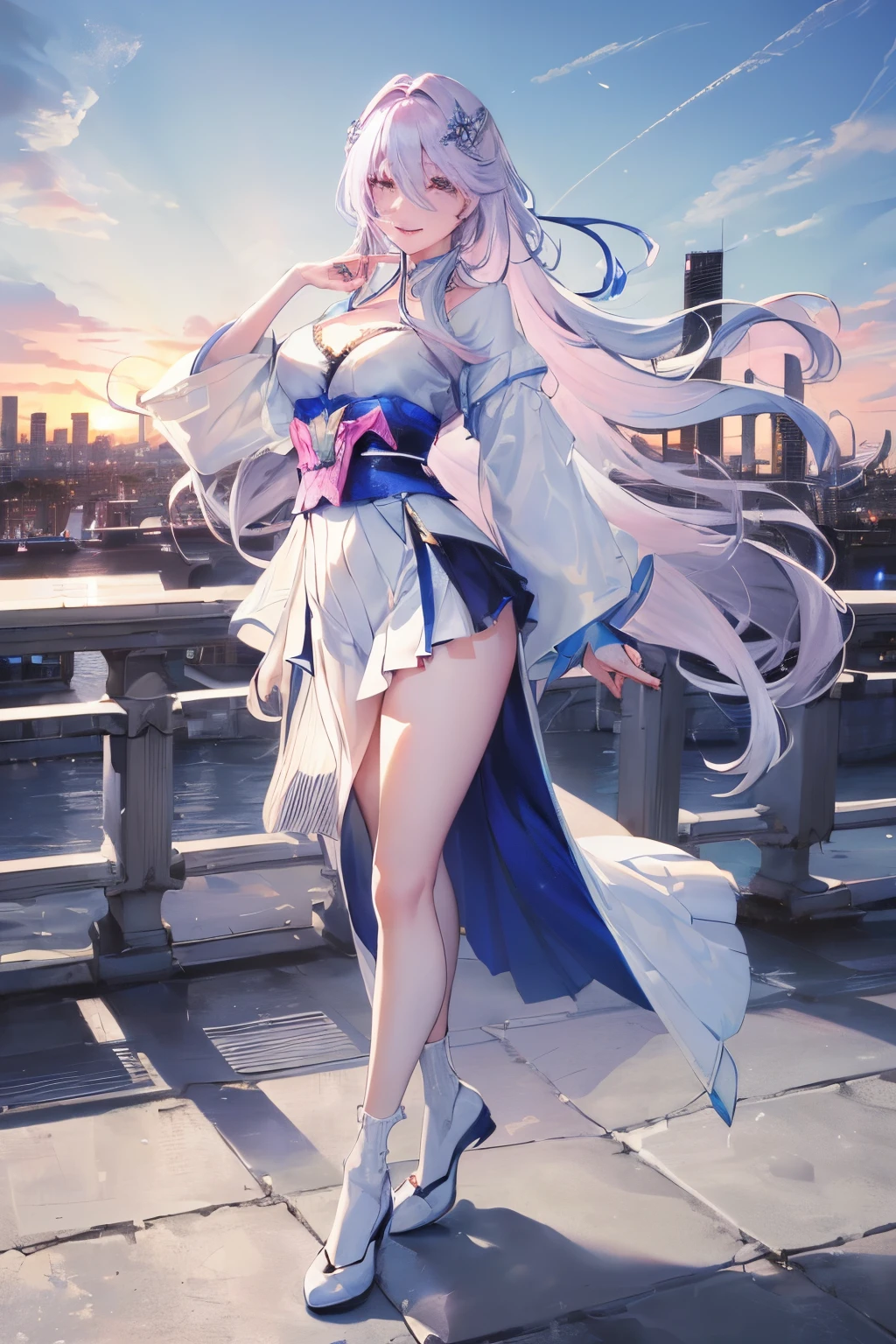 (Best quality, 8k, 32k, Masterpiece, UHD:1.2),Photo of Pretty Japanese woman,(sad smile,blush:1.1),looking at viewer,(beautiful detailed dress skirt:1.2),detailed legs,(spread legs:0.9),(lace panties:0.9),(wind lift:1.6), full body,windy,city,outdoors