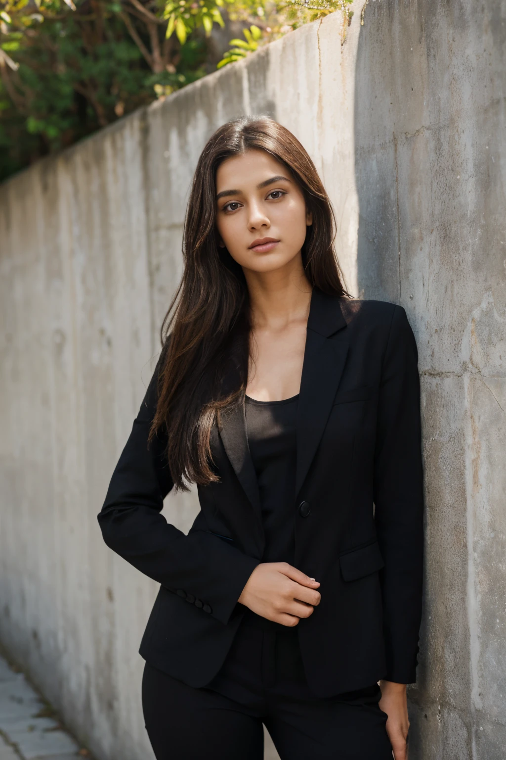 Beautiful ,23 years young girl healthy, confidential looking,8k,realistic,dark brown hair,fair skin, indian,long hair,clear facial features, wearing woman in black top and pants, girl in suit, wearing a black blazer, black outfit, girl in a suit, day light posing, background building wall