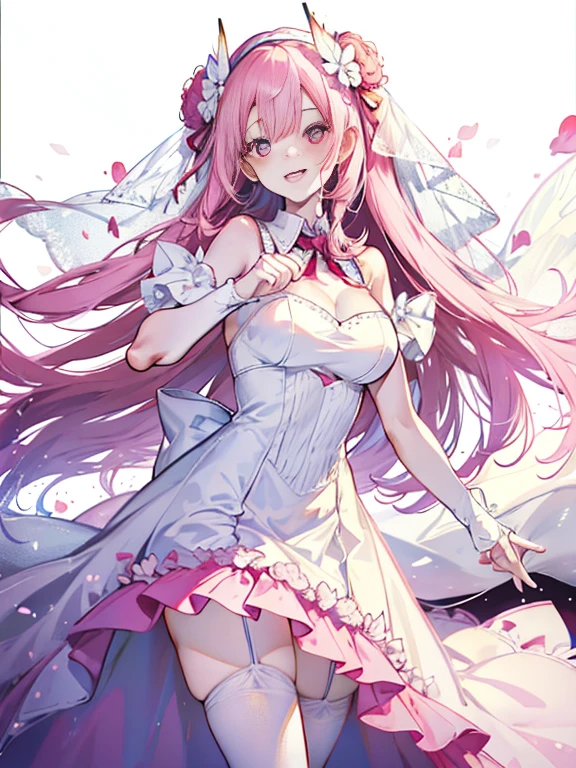 butterflys，white wedding dress,((A detailed and attractive smile)),Redness of the cheeks，8k wallpaper，detailedbackground，Highest high resolution，Deep V Big，Voluminous long hair，Bandeau Wedding Dress，chies，Pale pink roses，tight fitted，stocking gig, ((A large, gorgeous ribbon is attached to the neck.)),(((Precise and delicate cute fingers)))