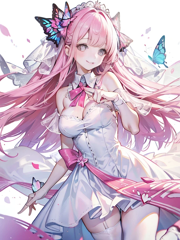 butterflys,white wedding dress,((A detailed and attractive smile)),Redness of the cheeks,8k wallpaper,detailedbackground,Highest high resolution,Deep V Big,Voluminous long hair,Bandeau Wedding Dress,chies,Pale pink roses,tight fitted,stocking gig, ((Big and gorgeous ribbon around the neck)),(((Precise and detailed cute fingers)))