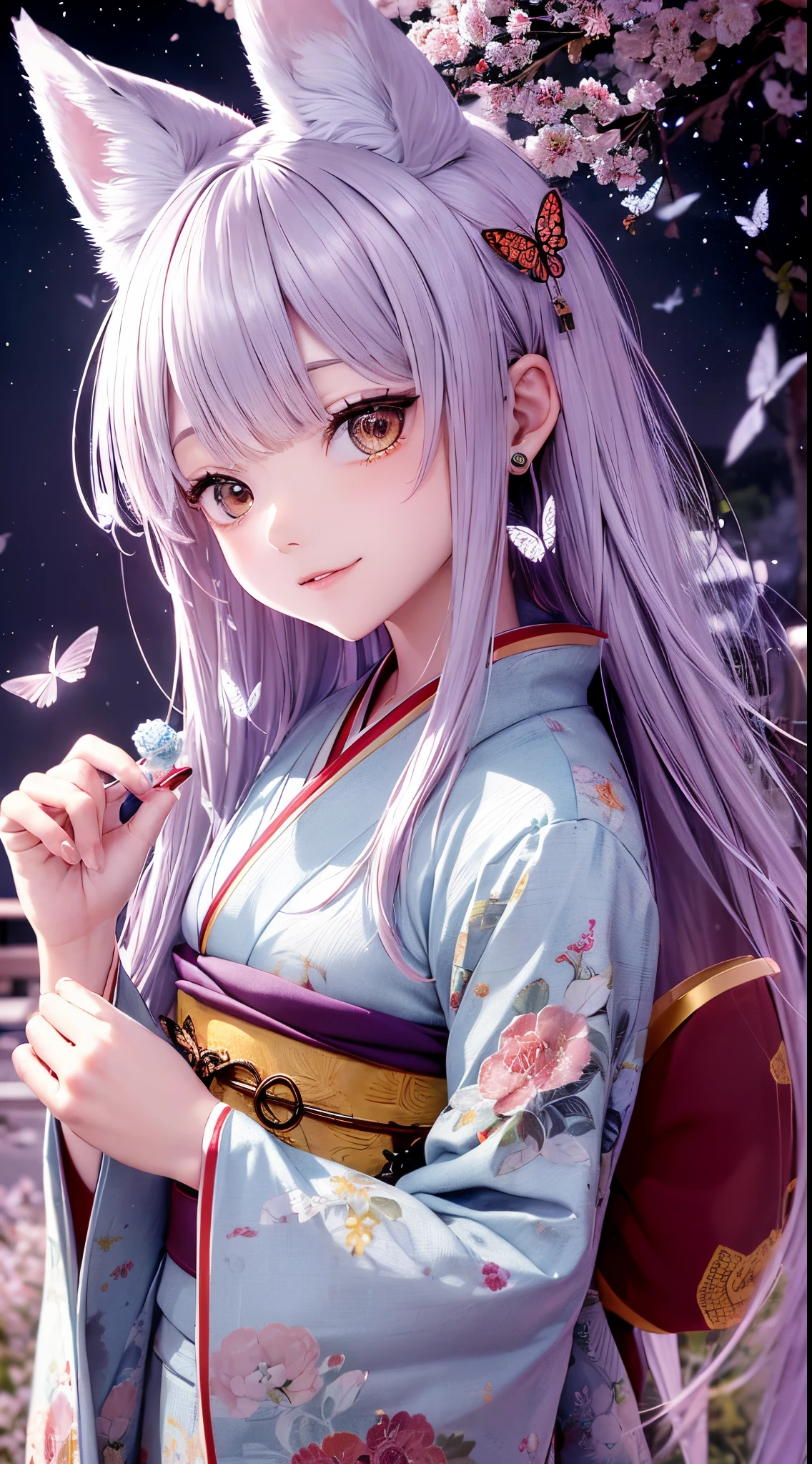 (highly detailed CG unity 16k wallpaper:1.1), (noise reduction strength:1.45), (t masterpiece:1.37), original, (very fine and beautiful), (perfect details), (unity CG 8k wallpaper:1.05), (beautiful crisp background:1.25), (one pretty girl (2 fox ears:0.9) with (fox tail on back:1.2) standing by the river:1.15). (pretty type:1.3), (detailed beautiful eyes:1.retty face:1.3), silver hair, silver ears, (pink hair:0.7), (pink ears:0.7), long hair, (Japanese Kimono:1.25), (wind blown hair:1.1), (blue eyes:1.1), ( Small Girl:1.1), Fluttering Butterfly, (Moonlight:0.6), Tree, (Summer-oriented), (Nighttime:1.2), (Gloves:0.8), Solo, (Illustrative), (Depth of Field:0.7), (Close-up :0.35), God Rays, Spark, Glowing Light, (Mastepiece)  Translated with .DeepL.com/Translator (free version)  - --auto --s2