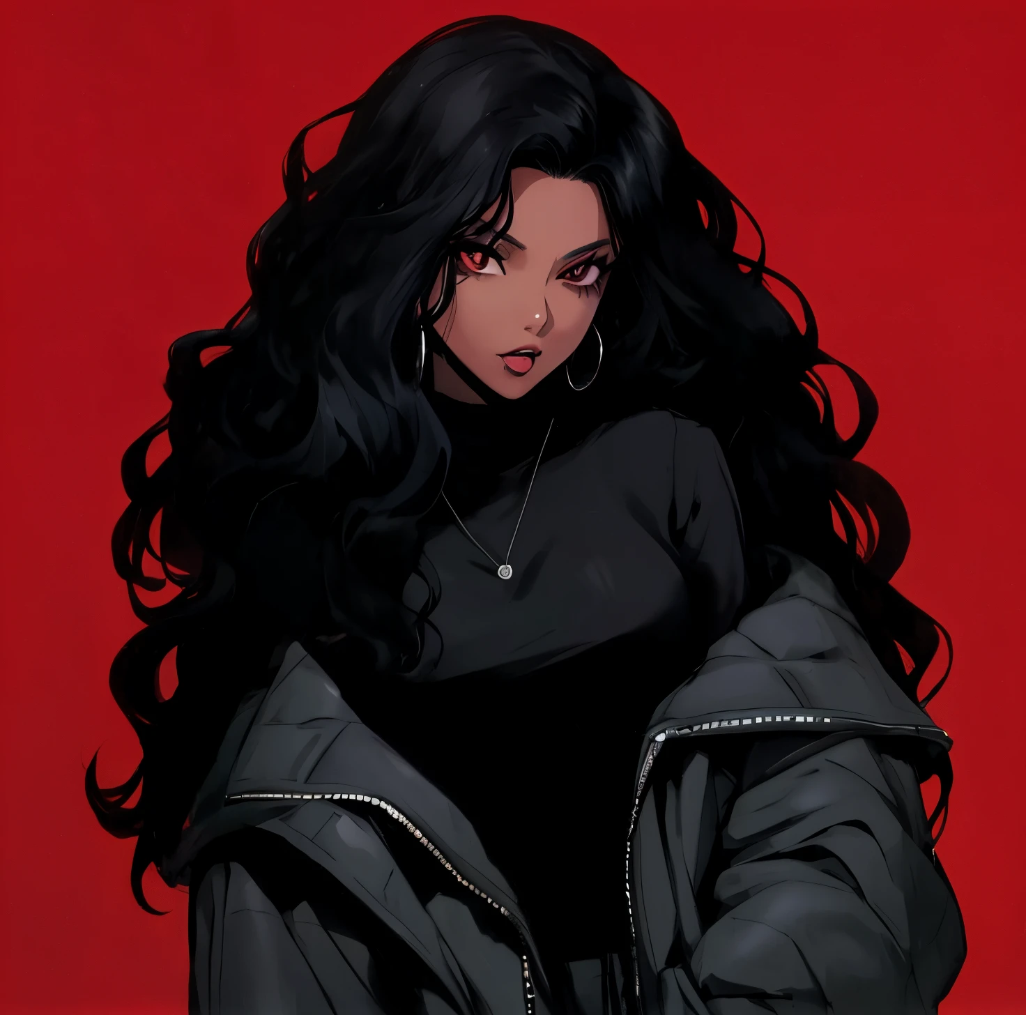 Android 21 from dragonball, black hair, long hair, curly hair, red eyes, hoop earrings, chubby, goth girl, bored eyes, black lipstick, black eyeshadows, black unzipped hoodie, black latex pants, sneakers, sitting on beanbag, hand in pocket, laying back, head on beanbag, tight pants, lollipop stick in mouth, grin, crossed legs, opened hoodie, tank top underneath hoodie,