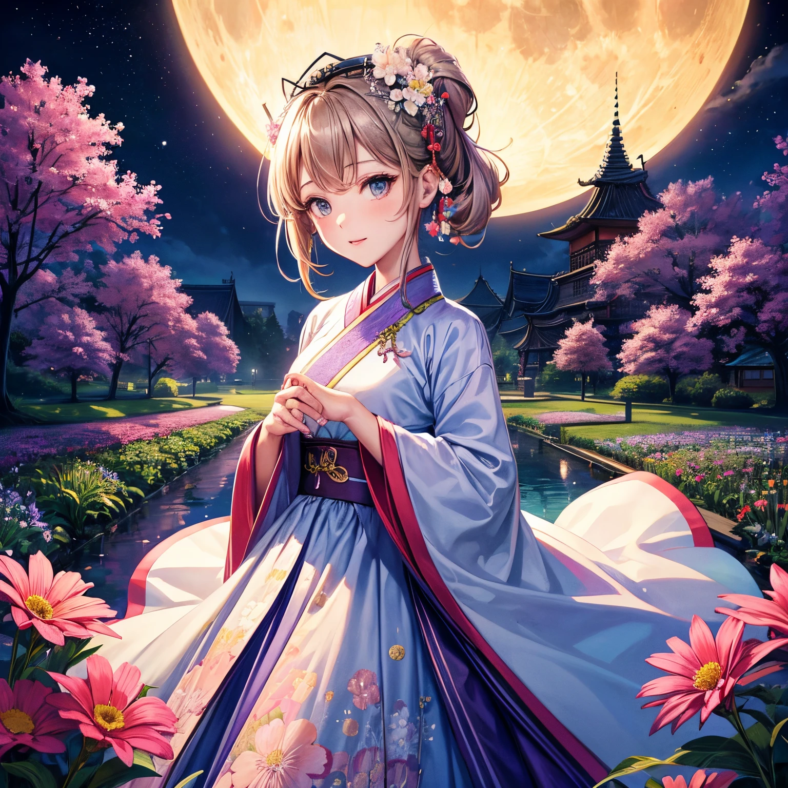 Best quality at best, tall_settle, distinct_Image of a, detailedbackground ,girl, Hanbok,florals,trpical garden,themoon, the night,holland angle, wide wide shot, diadems,
