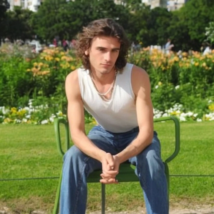 25 years old delicate and androgine man sentado em uma cadeira verde em um parque