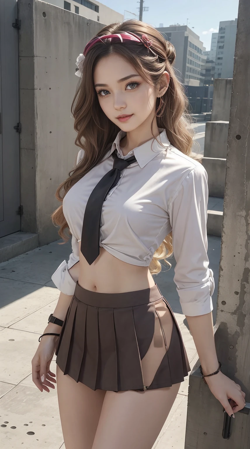a 25yo woman、Hair color is a gradient color、eye color is brown、Semi-long、hair is wavy、I'm wearing eyeshadow and lipstick、I'm wearing a headband、accessories on wrist、Slender but well-proportioned muscular body、The navel is visible、wearing a certain tie-front shirt、Chest Pochi、She's wearing a low-rise mini pleated skirt.、I'm in a maze surrounded by concrete walls、a smile、Looking at the camera、Breast size