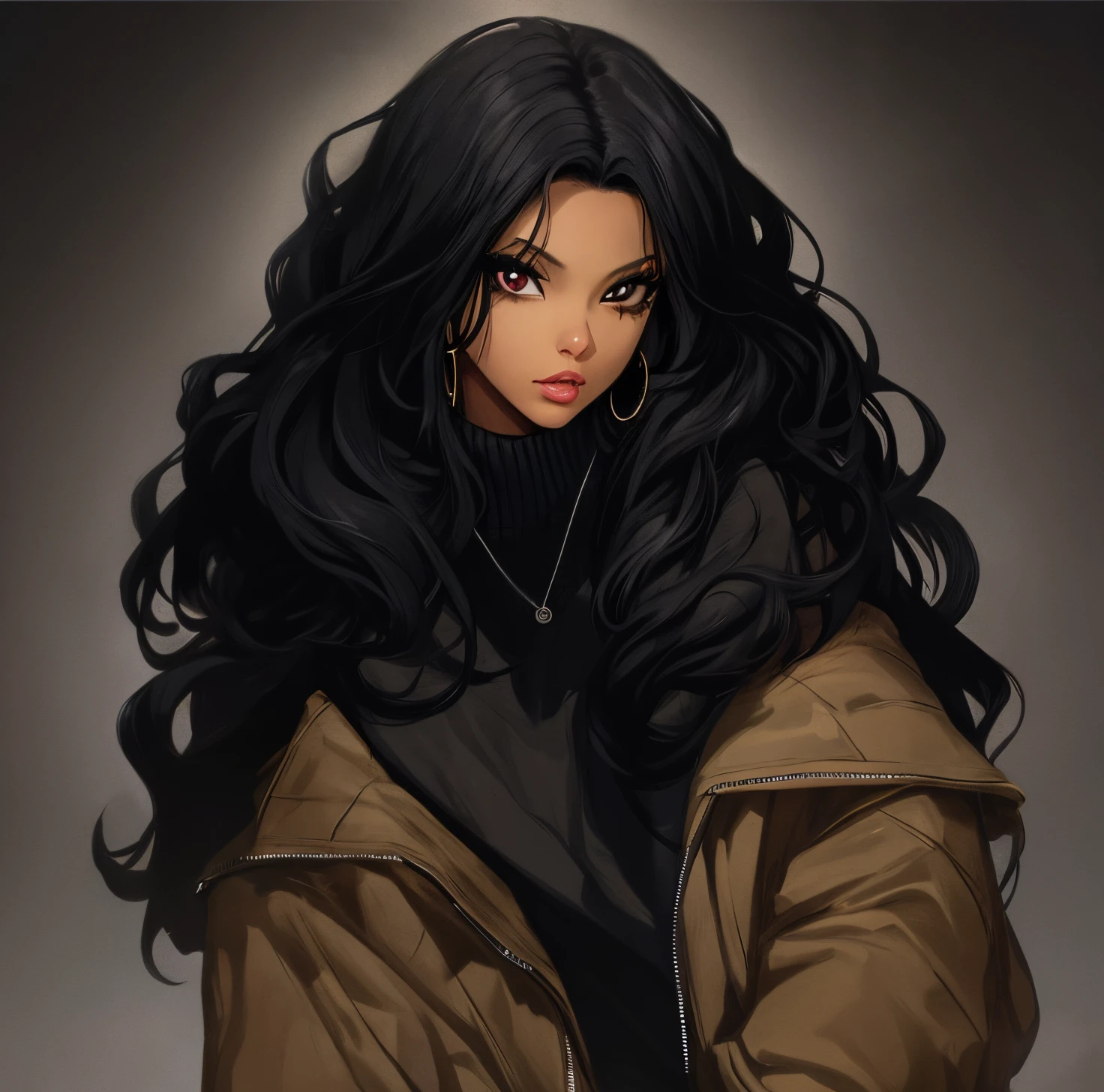 a close up of a woman with African American skin, long black hair wearing a jacket, raven black hair, her black hair is a long curly, black anime manga girl, black haired girl wearing hoodie, black hair and large eyes, she has black hair, black girl, blackhair, black hair, official art, girl with black hair, beautiful black hair, style of charlie bowater