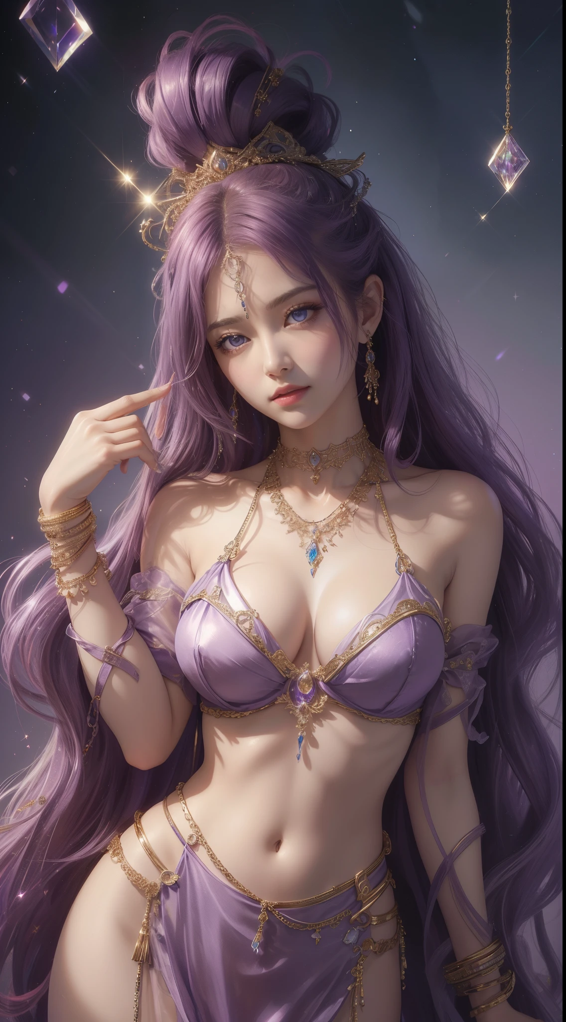 tmasterpiece,Highest image quality,Beautiful bust of slave sister,Exquisite purple hairstyle,Clear golden eyes,Decorated with a series of metal choker chains,Dazzling intricate jewelry,Ultra-detailed details,advanced。At the Pixiv Art Station,Break your own power,Louie,Big breasts exposed,R-18G