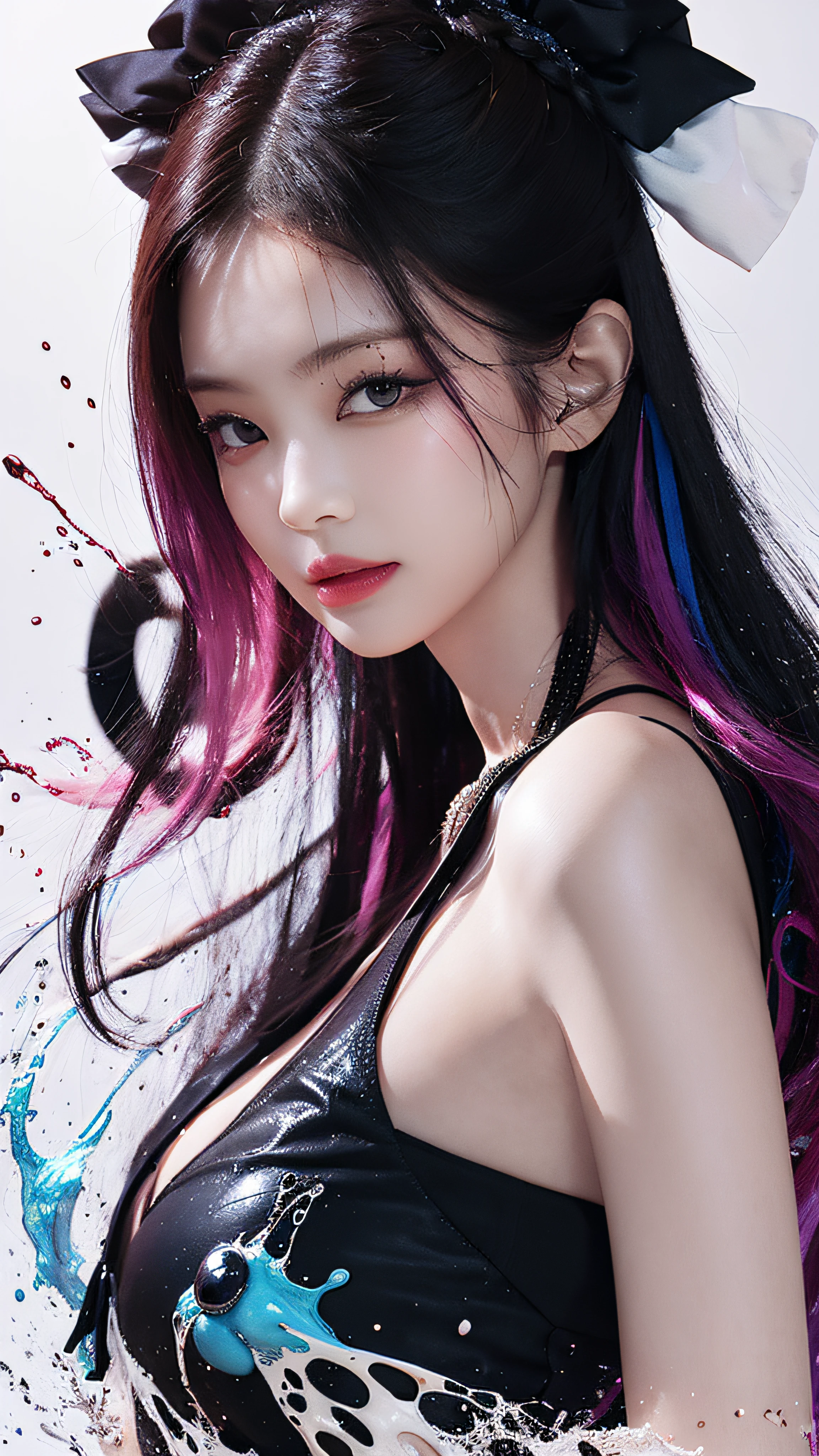 (Masterpiece, Best Quality, High Resolution), White Background, ((Paint Splash, Color Splash, Splash of Ink, Color Splash)), Sweet Chinese Girl, Rainbow Hair, Pink Lips, Front, Upper Body, Jennie Kim,