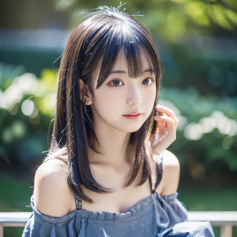 (Best Quality,4K,8K,hight resolution,masutepiece:1.2),Ultra-detailed,extremely detailed eye and face,Beautiful detailed eyes,Beautiful detailed lips,long eyelashes,((Realistic)),Photorealistic:1.37,Young Japan,fine-grained white skin,((Dark blue mini pleated skirt)),beautiful and magnificent composition,Marshmallow-like skin,masutepiece,Attractive,Posing for a photo,Cute,dark blue knee socks,((Silver hair color)),silky smooth and straight hair,Off-the-shoulder tops,outdoors on a sunny day,healthful,with round face,