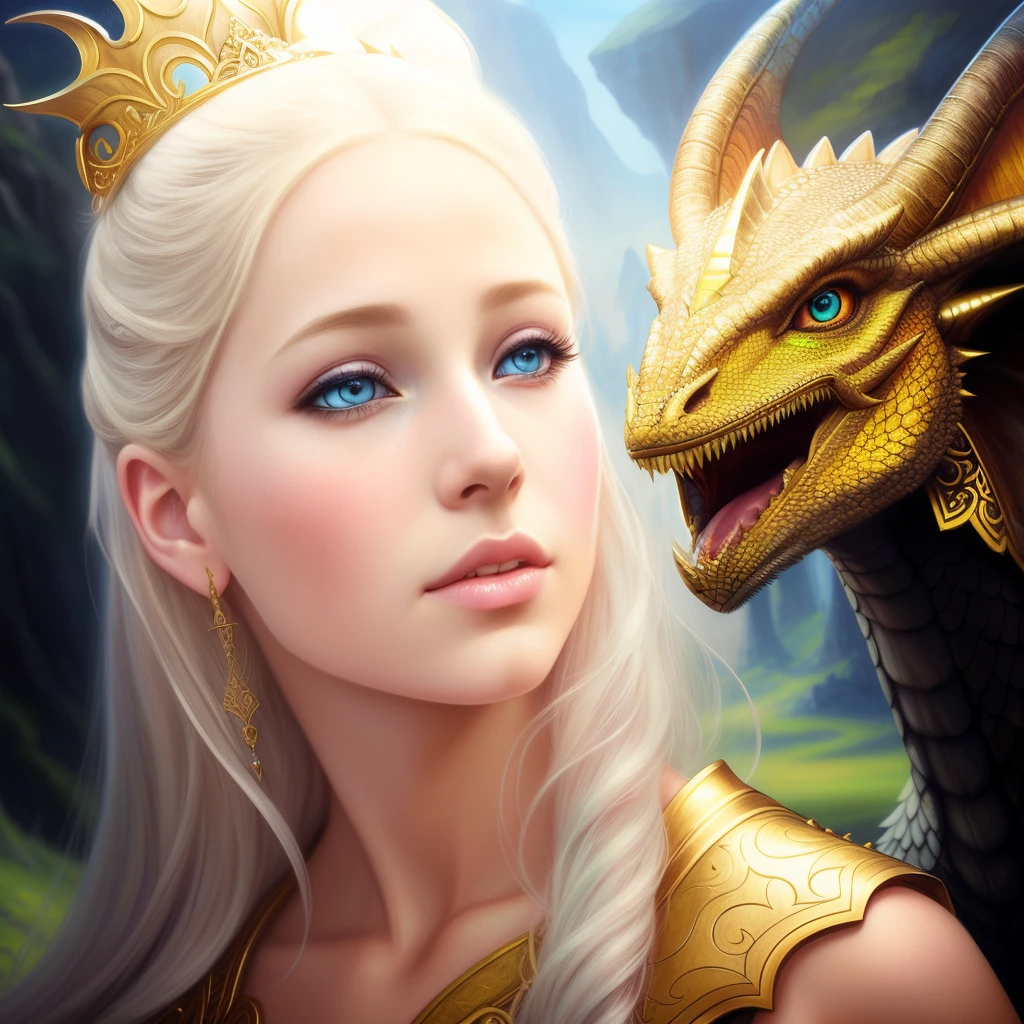 Arafed, blue-eyed blonde five years old., princess girl with dragon'head and white dress, Portrait of a dragon girl, graphic artist magali villeneuve, realistic fantasy illustration, fantasy art portrait, inspired by Magali Villeneuve, magali villeneuve', Portrait of a Dragon, hyperrealistic fantasy art, fantasy portrait art, Detailed matte fantasy portrait, fantasy portrait, beautiful fantasy art portrait, realistic fantasy artwork