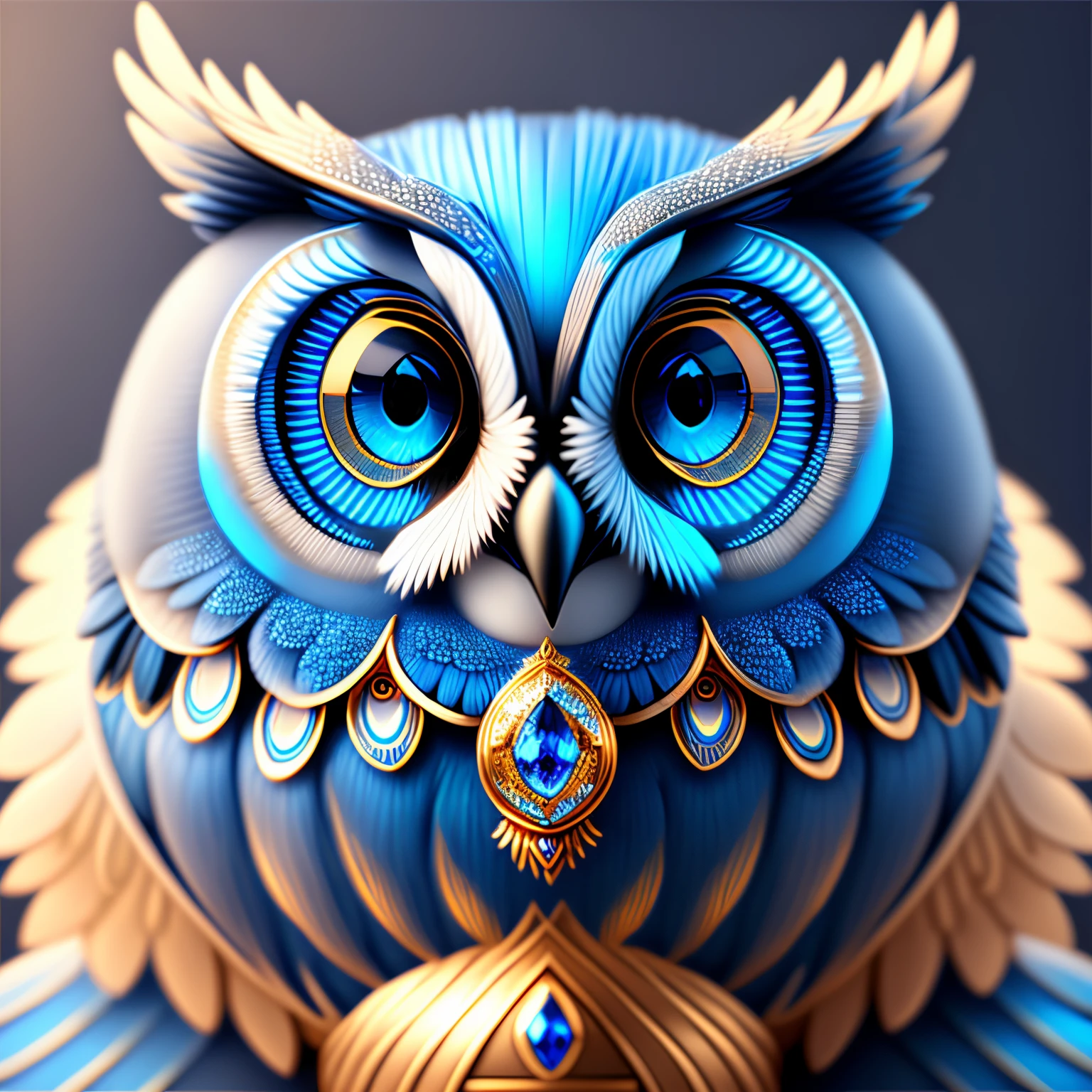 Digital drawing of blue eyes owl, unreal engine rendered + goddes, The is very detailed , beeple global illumination, Exquisite and gorgeous jewelry, Trending on cgisociety, Motion graphics, rossdraws global illumination, CG