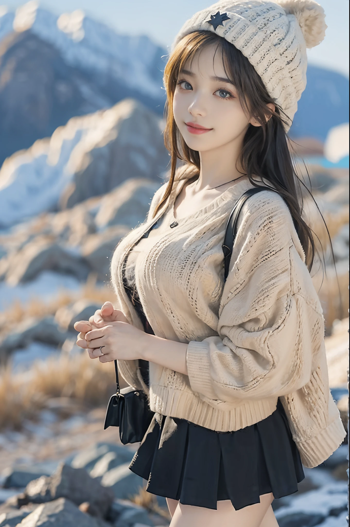 ((top-quality、8K、masterpiece:1.3))、foco nítido:1.2、(realisitic、Photorealsitic:1.37)、Standing、full body Esbian、Walking、Feet that take up the entire screen、((A smile))、present in front of an audience、advance、Beautiful Face Woman、28 year old、((very Bigger breasts))、having with、pointed chest、NSFW、long eyeslashes、Colorcon、Big 、delicated、Very detailed eyes、Neat eyebrows and beautiful butt))、(Sharp Eyebrows)、(Thin eyebrows)、tshirts、very vey very detailed face、((Wearing a knitted hat)),Erect ,Clothed、((Mountain Girl))、micromini skirt、Carrying a rucksack、frombelow、Trekking Shoes、((Earthen floor))、((View from the summit))、Detailed background(8K、masterpiece、top-quality、Raw foto)、Black bra、Black panties