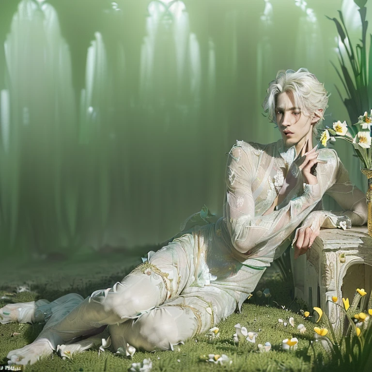 (masterpiece, best quality, dreamlike, hyperrealistic, 4k, 1boy:1.35), (Prince Narcissus is a beautiful royal translucent albino lithe slender androgynous male parasitic flower, Prince of Flowers, narcissistic vain squeamish haughty overflown with scorn and disdain matching his exceptional beauty, his beautiful eyes are enthralling, his smell is exotic and enthralling permeated with hallucinogens and pheromones, such a poisonous yet fragile beauty, anyone can easily castrate him:1.65)