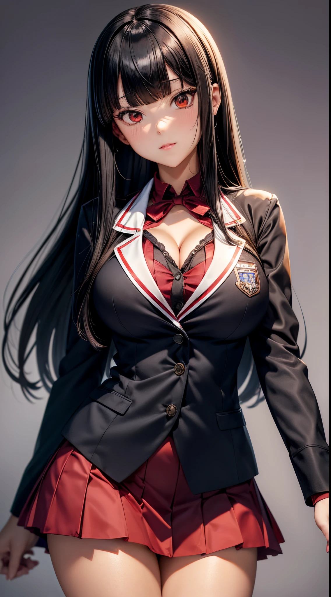 ((Best Quality)), ((masutepiece)), (Detailed), Perfect face　A detailed face　younggirl　cleavage of the breast　red eyes　long, thick black hair　 Blunt bangs　Solid background color　is standing　Student Council President　blazers　a miniskirt　Wear school uniforms