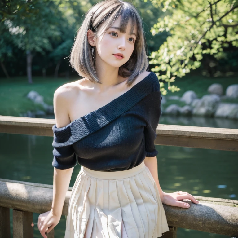 (Best Quality,4K,8K,hight resolution,masutepiece:1.2),Ultra-detailed,extremely detailed eye and face,Beautiful detailed eyes,Beautiful detailed lips,long eyelashes,((Realistic)),Photorealistic:1.37,Young Japan,fine-grained white skin,((Dark blue mini pleated skirt)),beautiful and magnificent composition,Marshmallow-like skin,masutepiece,Attractive,Posing for a photo,(Standing),Cute,dark blue knee socks,((Silver hair color)),silky smooth and straight hair,Off-the-shoulder tops,outdoors on a sunny day,healthful,(with round face),