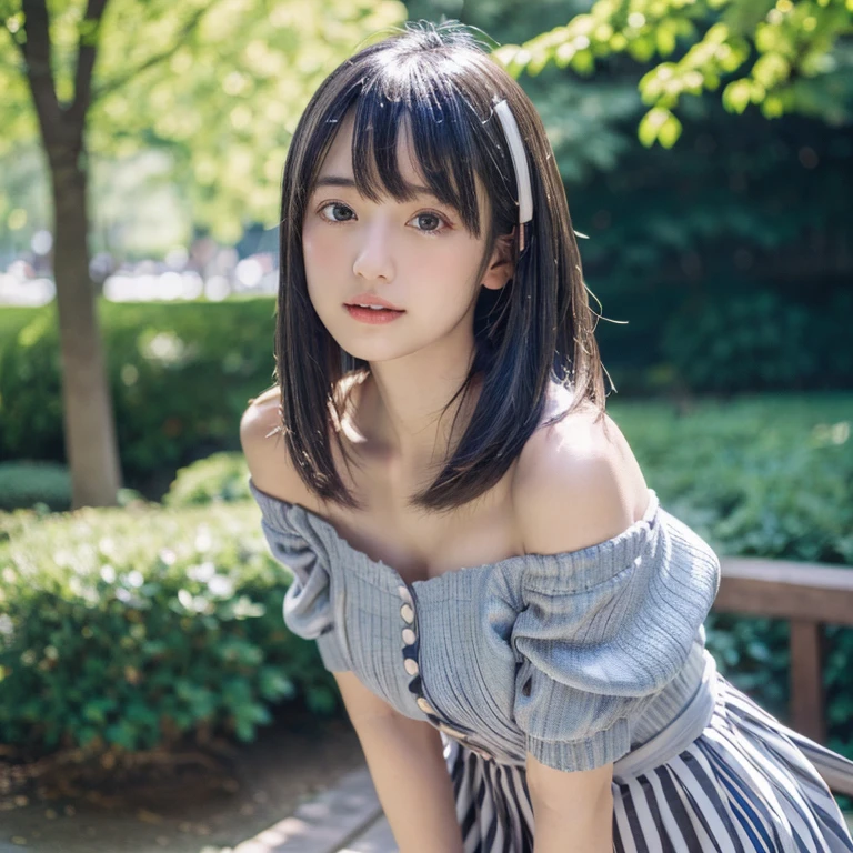 (Best Quality,4K,8K,hight resolution,masutepiece:1.2),Ultra-detailed,extremely detailed eye and face,Beautiful detailed eyes,Beautiful detailed lips,long eyelashes,((Realistic)),Photorealistic:1.37,Young Japan,fine-grained white skin,((Dark blue mini pleated skirt)),beautiful and magnificent composition,Marshmallow-like skin,masutepiece,Attractive,Posing for a photo,(Standing),Cute,dark blue knee socks,((Silver hair color)),silky smooth and straight hair,Off-the-shoulder tops,outdoors on a sunny day,healthful,(with round face),